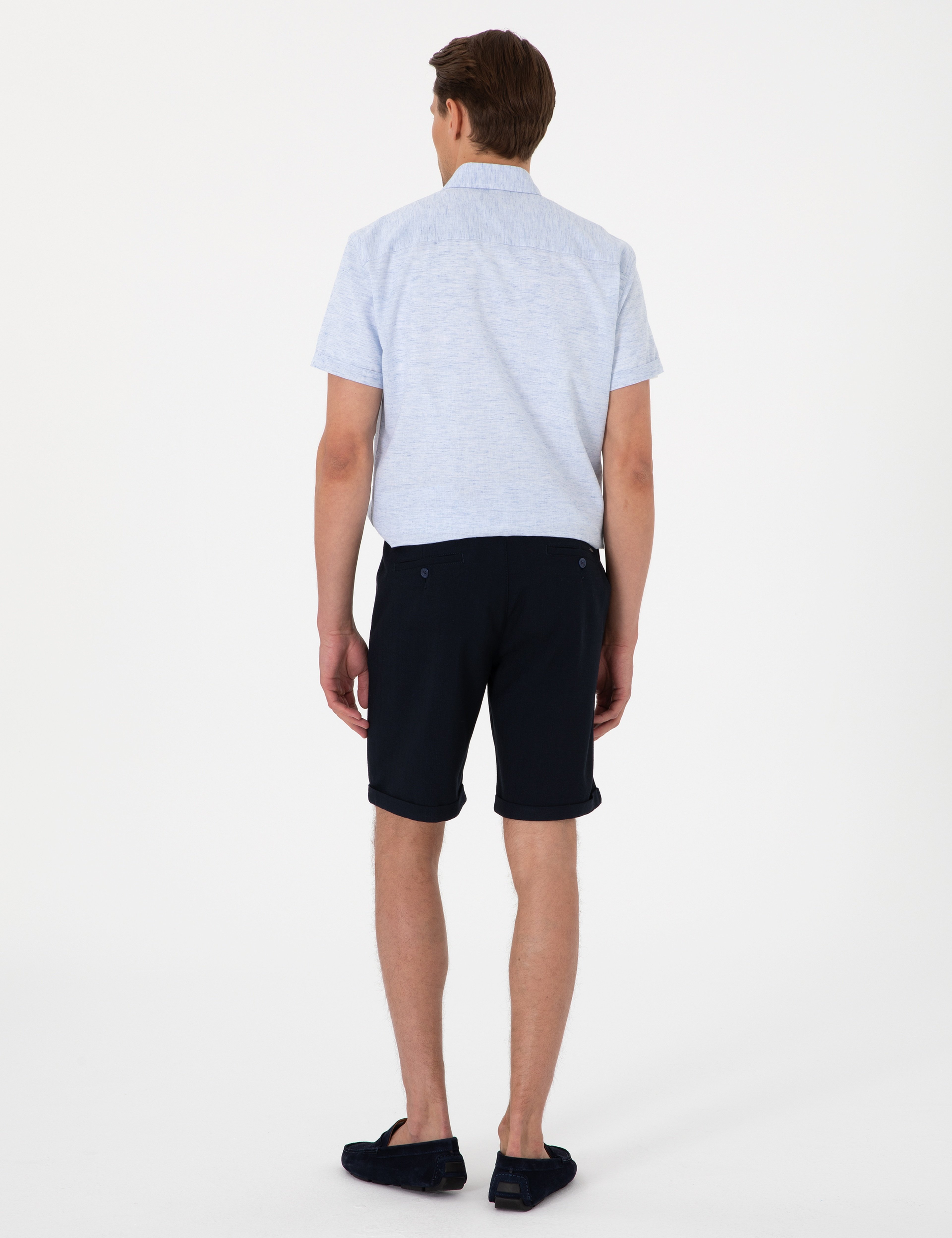 Lacivert Slim Fit Beli Lastikli Bağcıklı Dokuma Şort