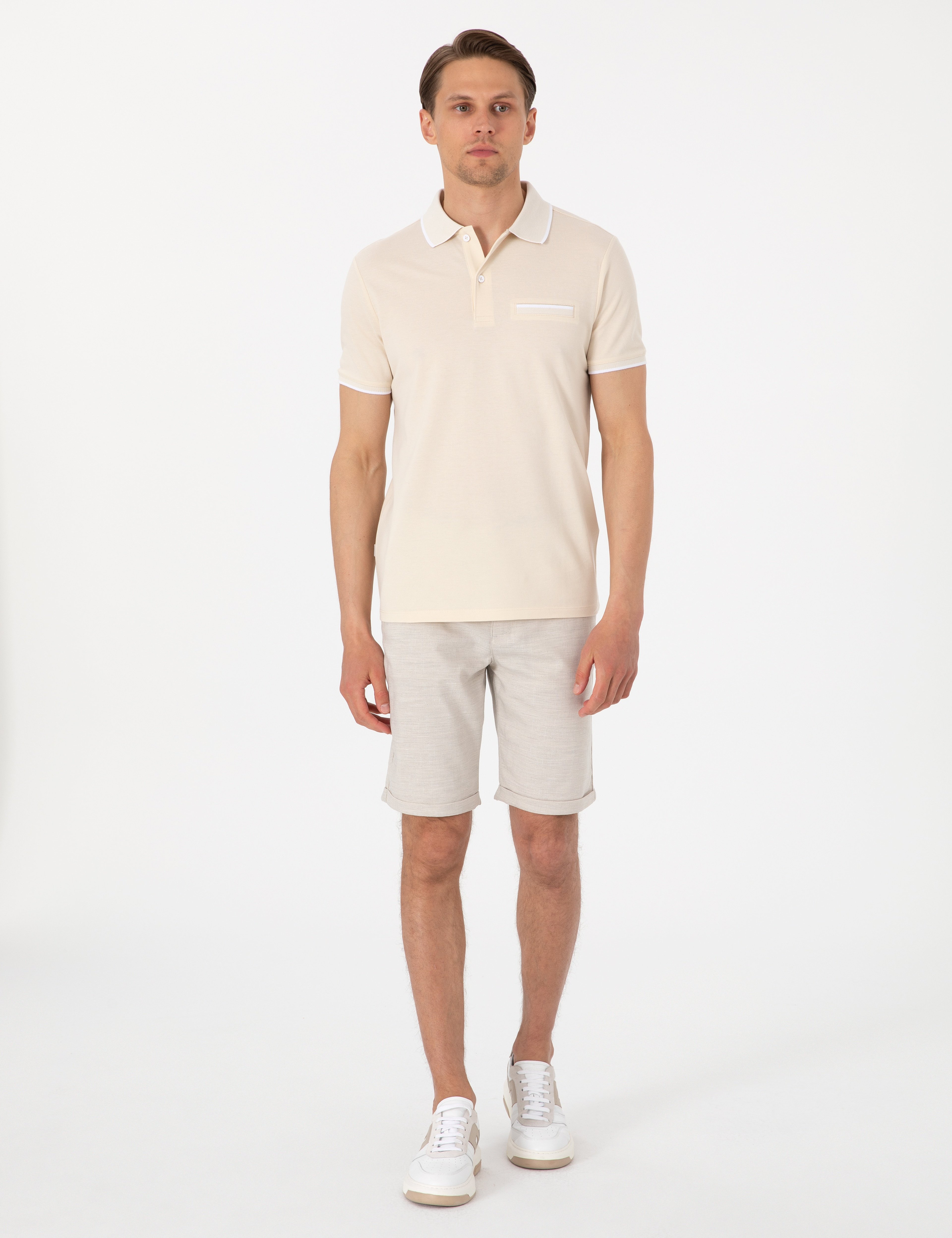 Bej Slim Fit Beli Lastikli Bağcıklı Dokuma Şort