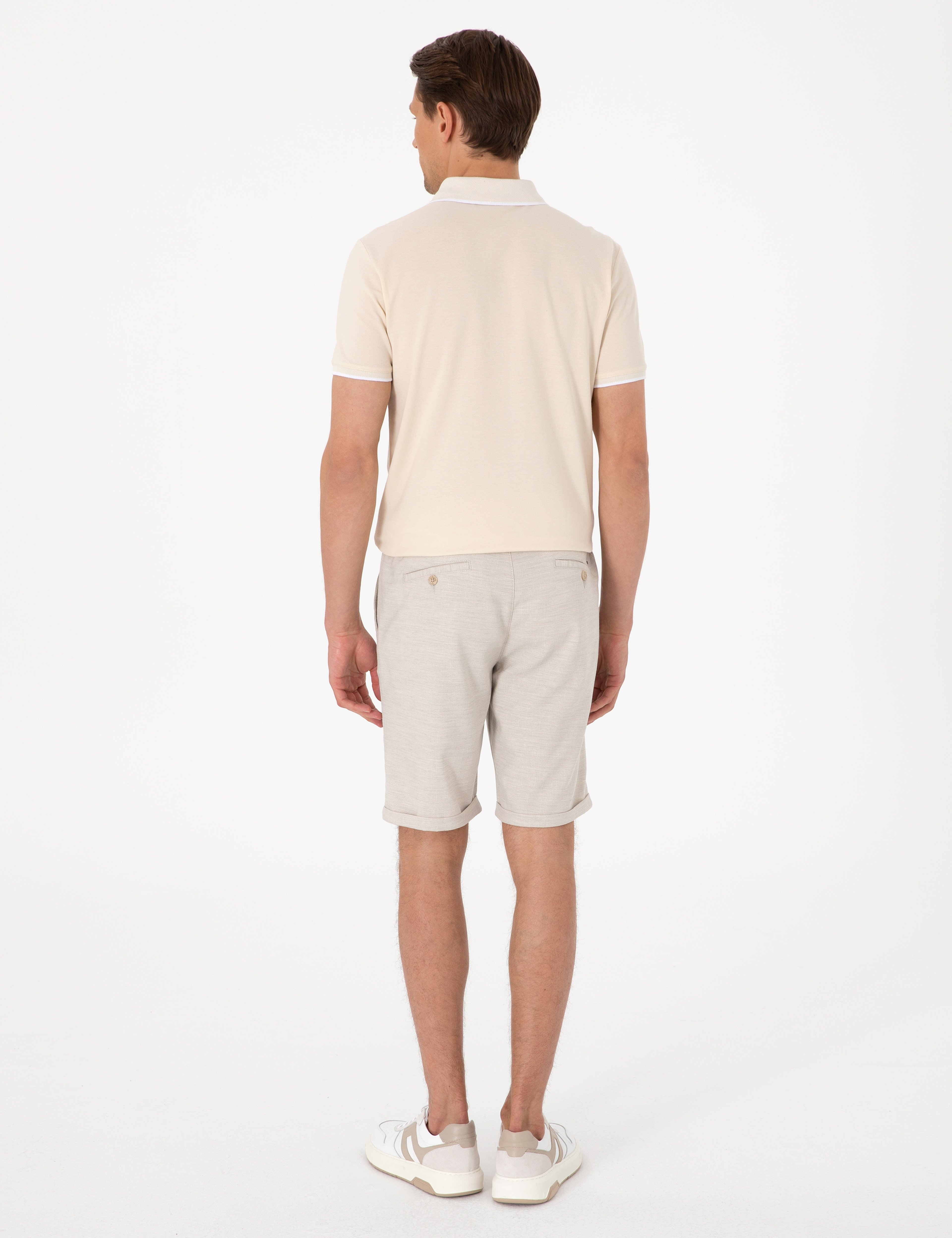 Bej Slim Fit Beli Lastikli Bağcıklı Dokuma Şort