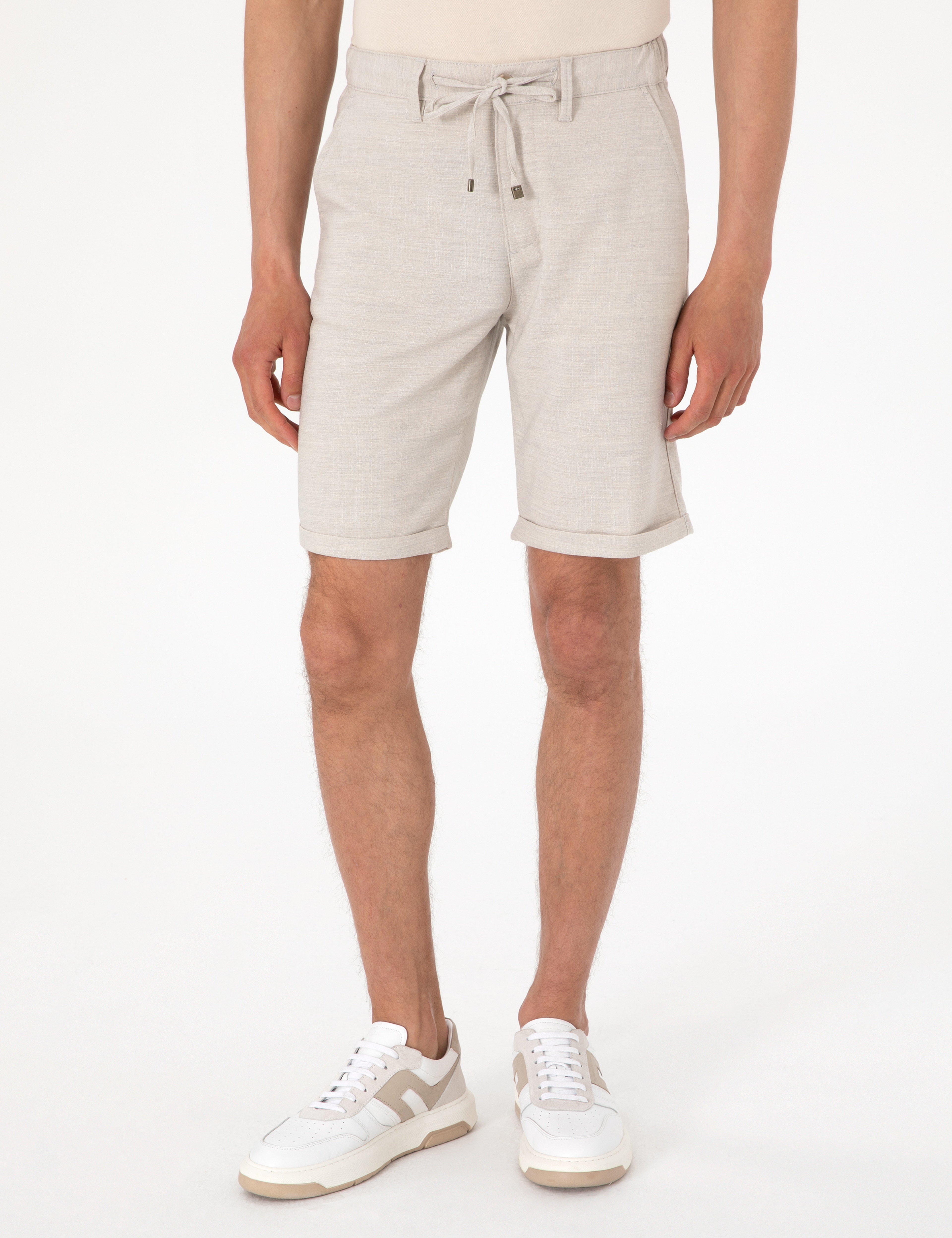 Bej Slim Fit Beli Lastikli Bağcıklı Dokuma Şort - Image 2