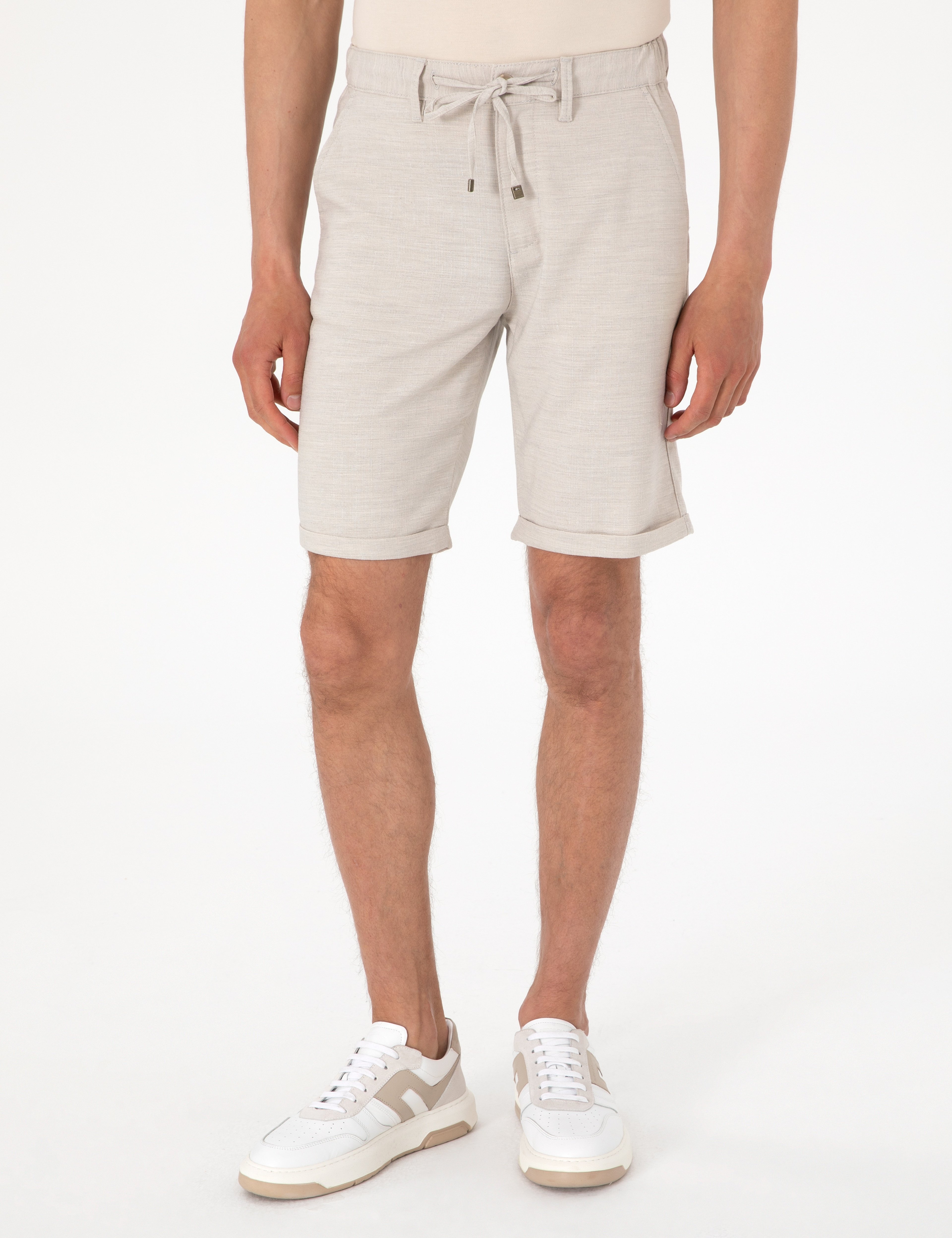 Bej Slim Fit Beli Lastikli Bağcıklı Dokuma Şort