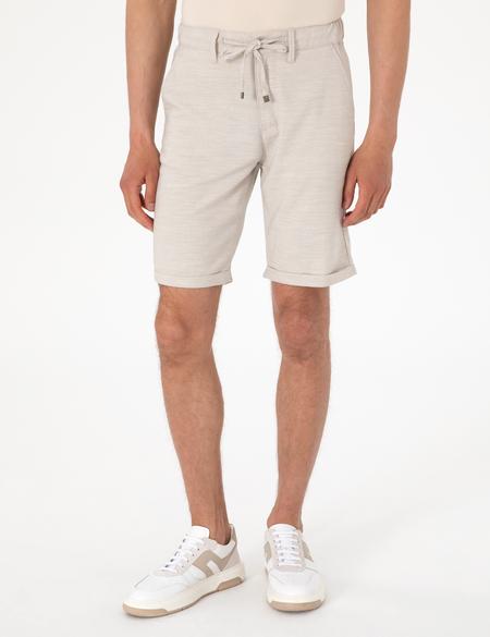 Bej Slim Fit Beli Lastikli Bağcıklı Dokuma Şort - 50305677003