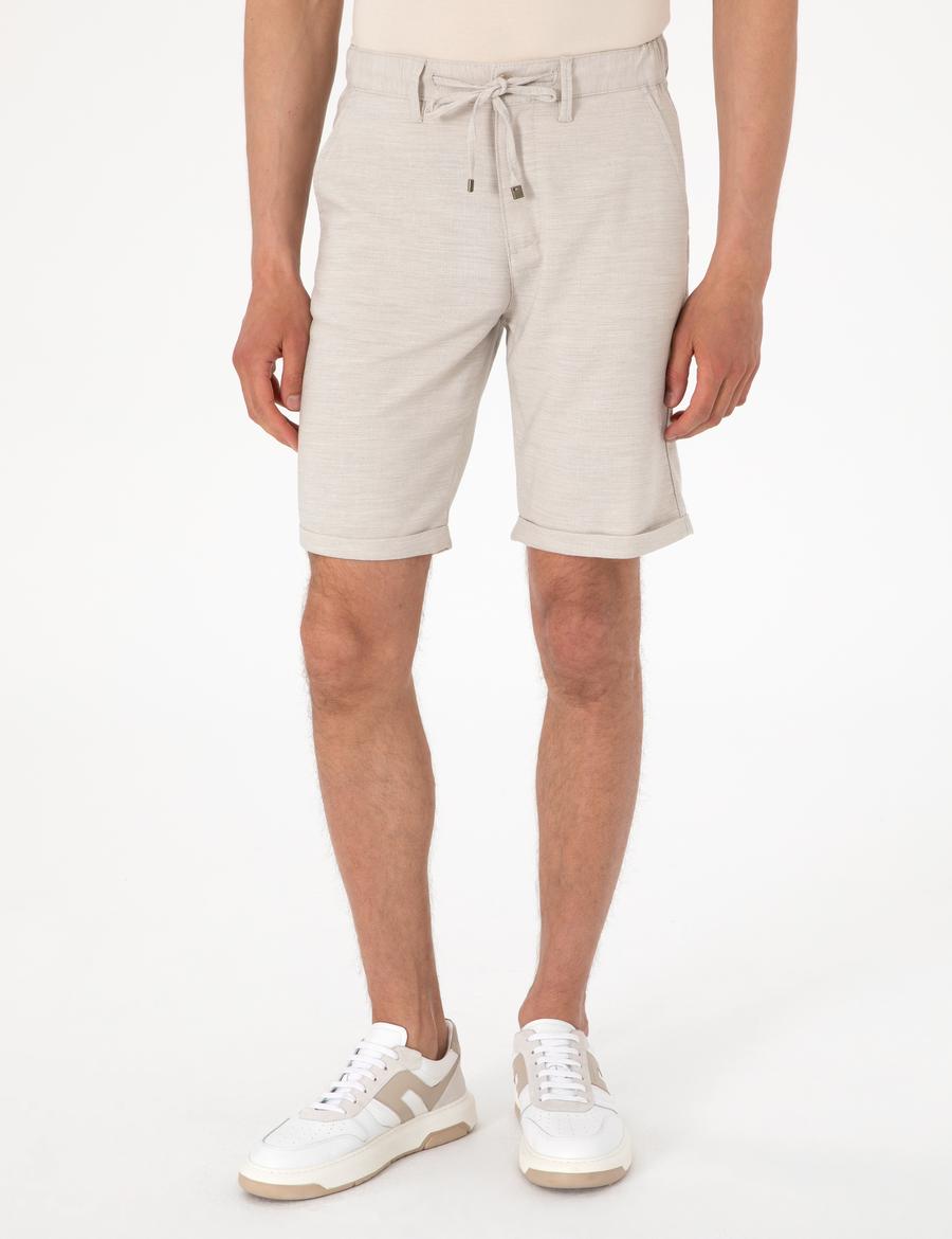 Bej Slim Fit Beli Lastikli Bağcıklı Dokuma Şort