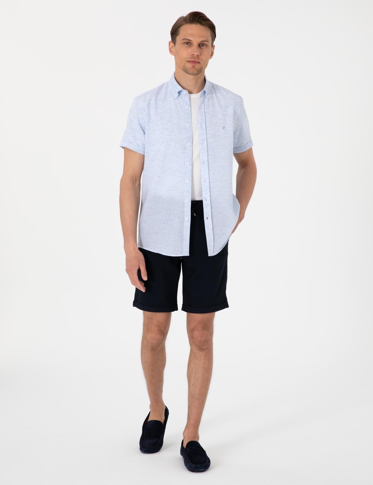 Lacivert Slim Fit Beli Lastikli Bağcıklı Dokuma Şort