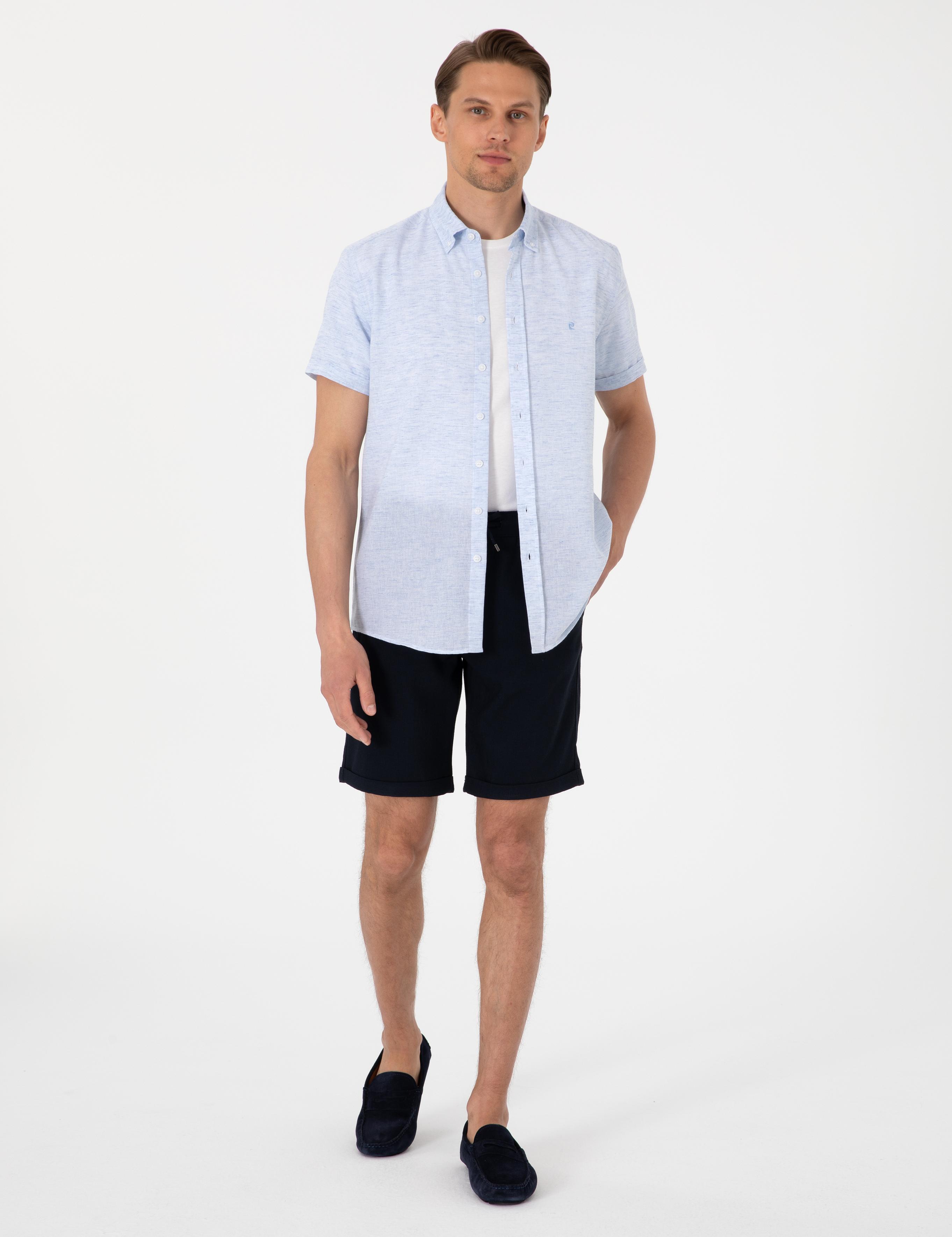 Lacivert Slim Fit Beli Lastikli Bağcıklı Dokuma Şort