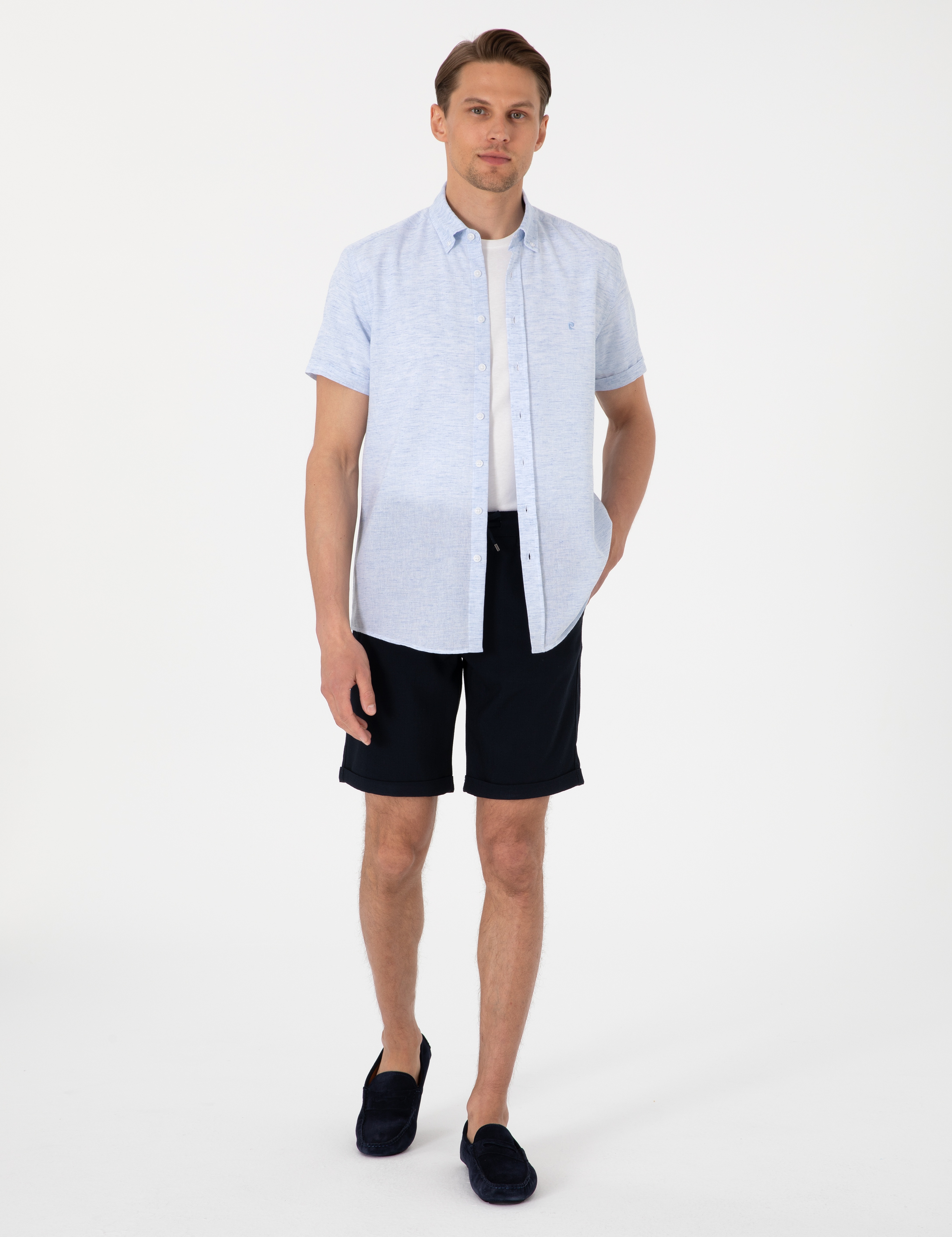 Lacivert Slim Fit Beli Lastikli Bağcıklı Dokuma Şort - Image 1