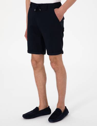Lacivert Slim Fit Beli Lastikli Bağcıklı Dokuma Şort