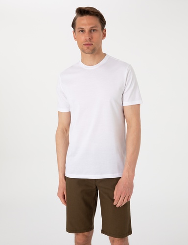 Beyaz Slim Fit %100 Pamuk Merserize Bisiklet Yaka Basic Tişört