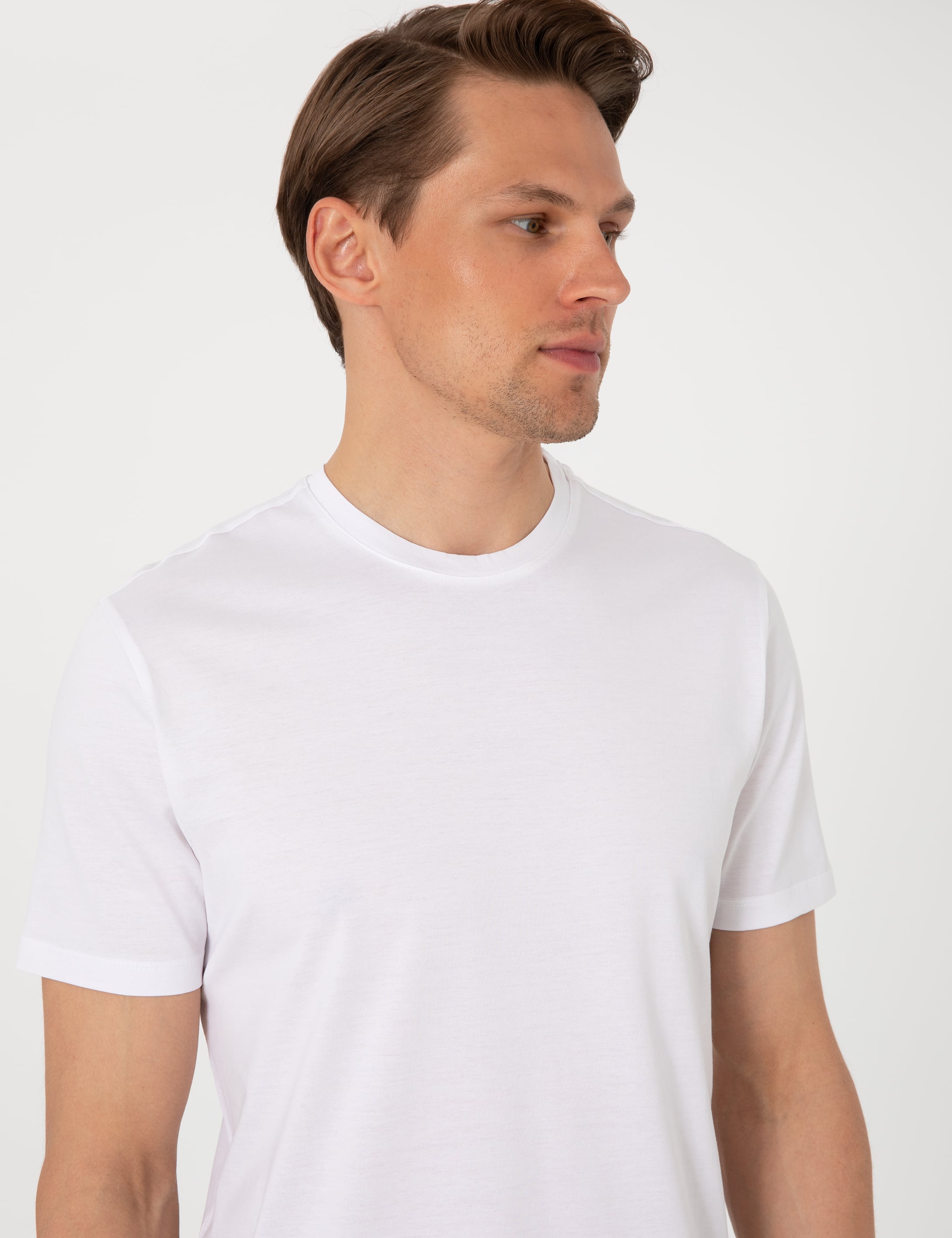 Beyaz Slim Fit %100 Pamuk Merserize Basic Tişört - Image 2