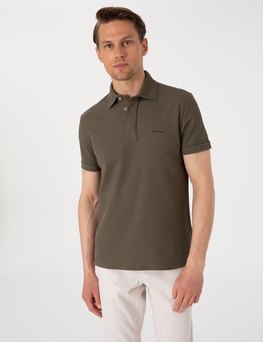 Haki Slim Fit %100 Pamuk Kıvrılmaz Amerikan Pike Polo Yaka Basic Tişört
