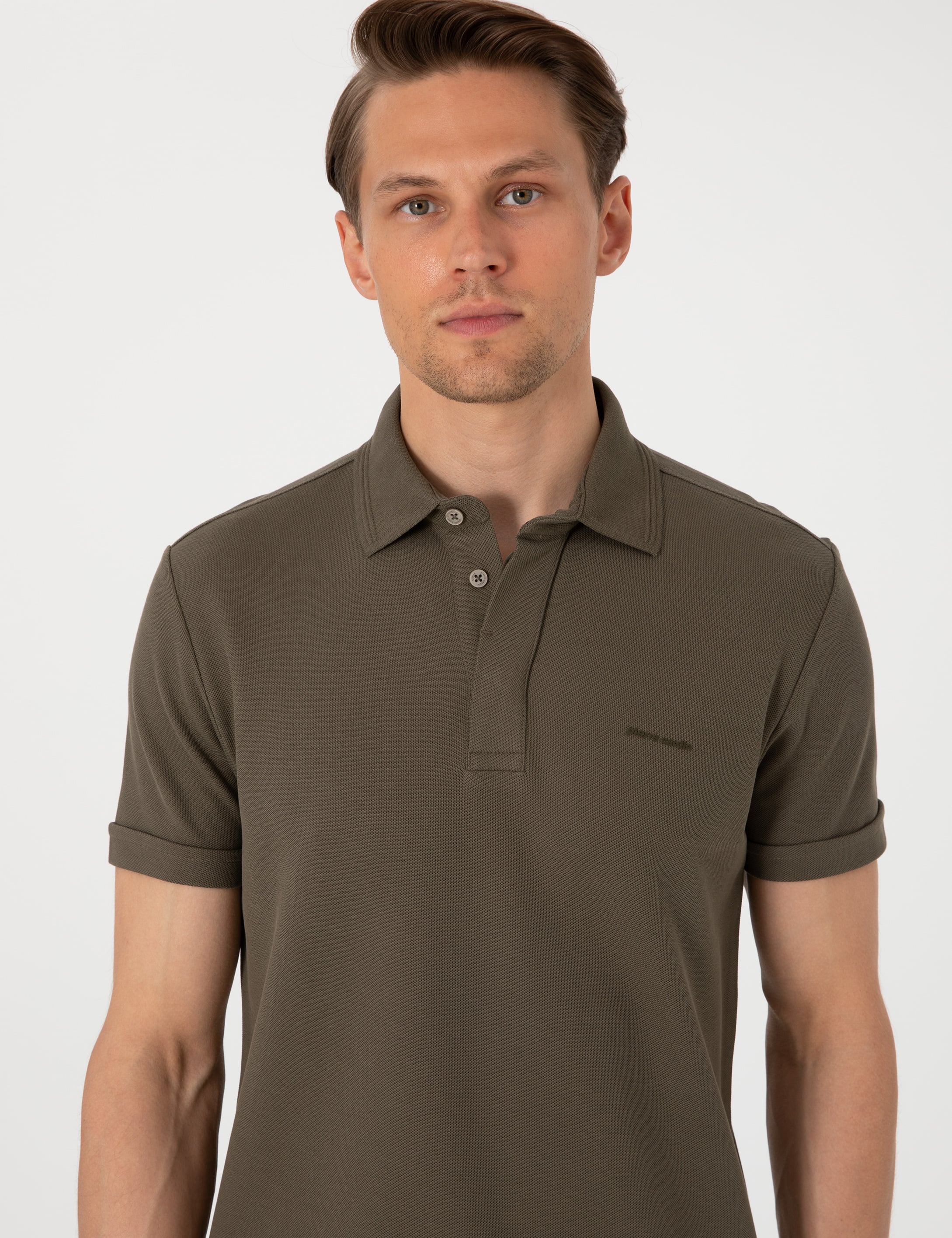Haki Slim Fit %100 Pamuk Kıvrılmaz Amerikan Pike Polo Yaka Basic Tişört - Image 2