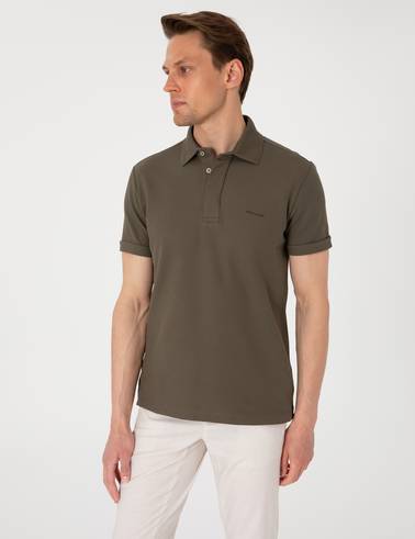 Haki Slim Fit %100 Pamuk Kıvrılmaz Amerikan Pike Polo Yaka Basic Tişört