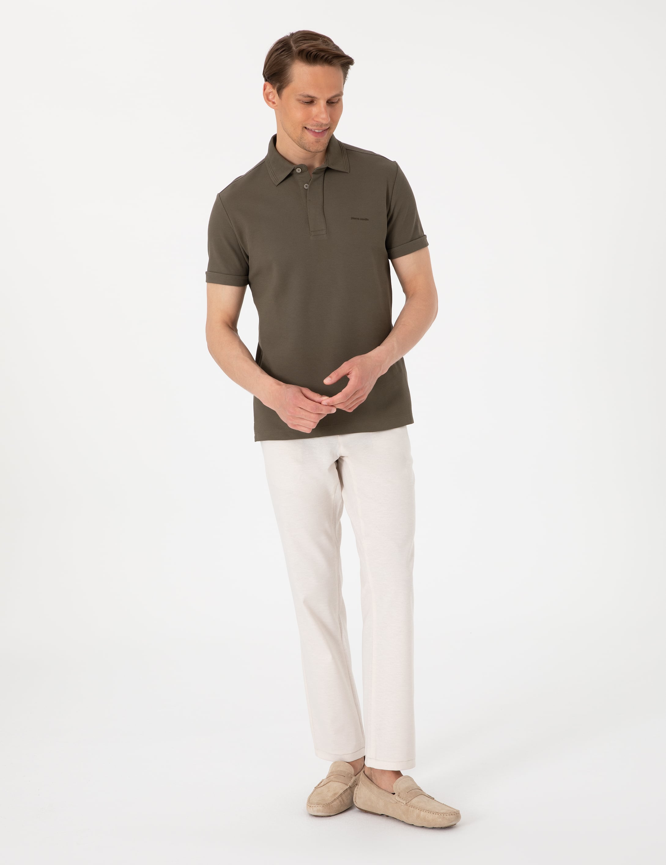 Haki Slim Fit %100 Pamuk Kıvrılmaz Amerikan Pike Polo Yaka Basic Tişört