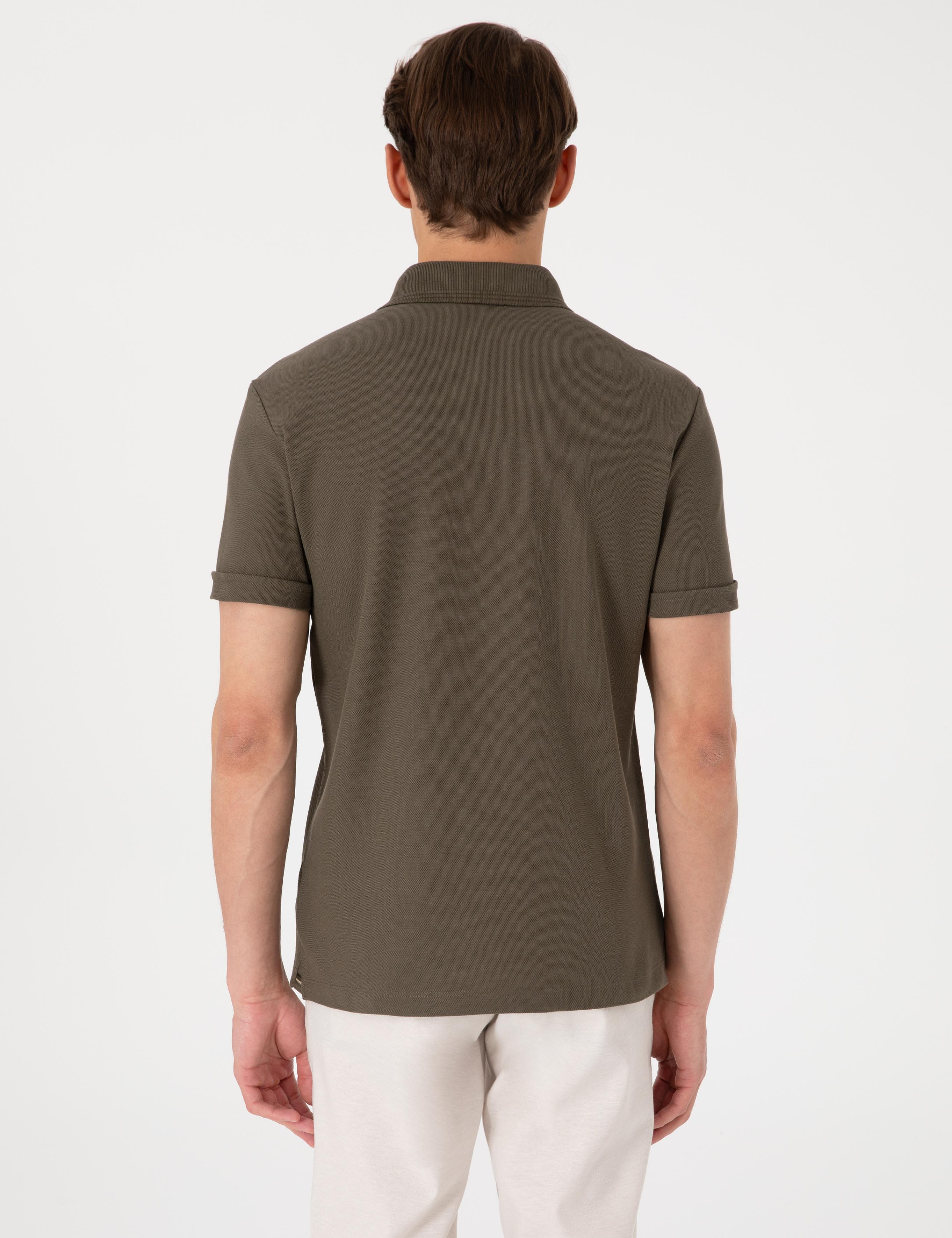 Haki Slim Fit %100 Pamuk Kıvrılmaz Amerikan Pike Polo Yaka Basic Tişört