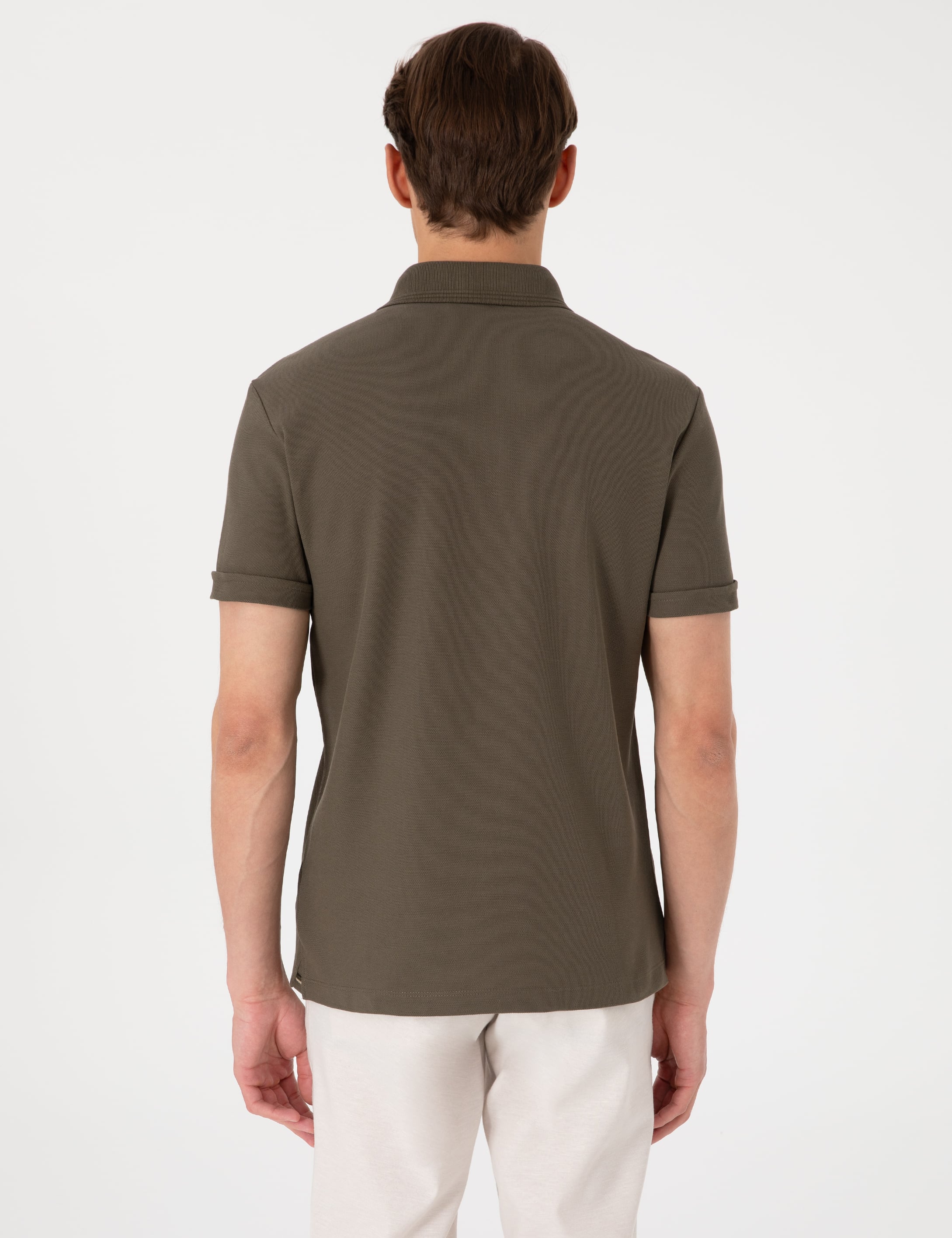 Haki Slim Fit %100 Pamuk Kıvrılmaz Amerikan Pike Polo Yaka Basic Tişört - Image 5