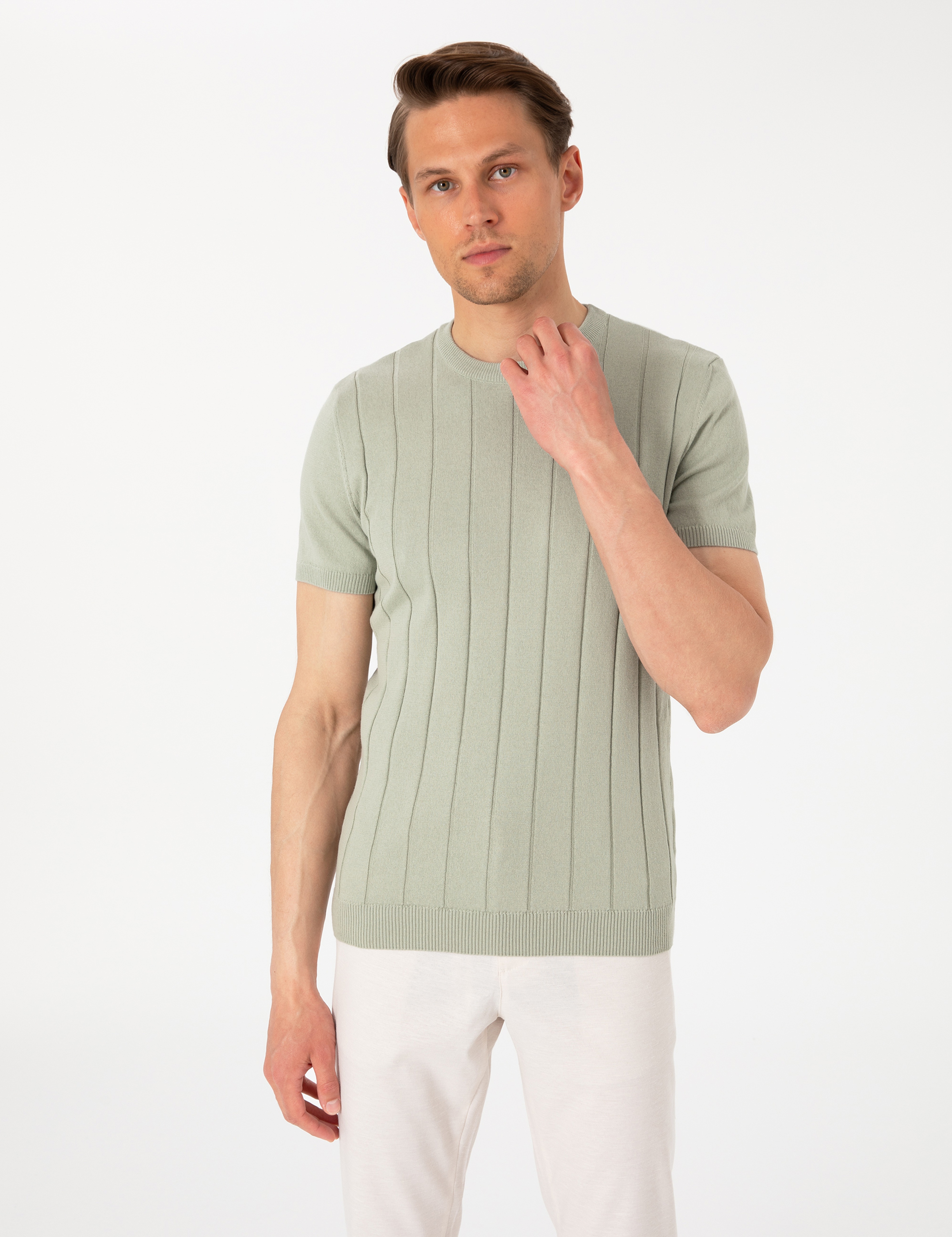 Çağla Slim Fit %100 Pamuk Bisiklet Yaka Triko Tişört - Image 1