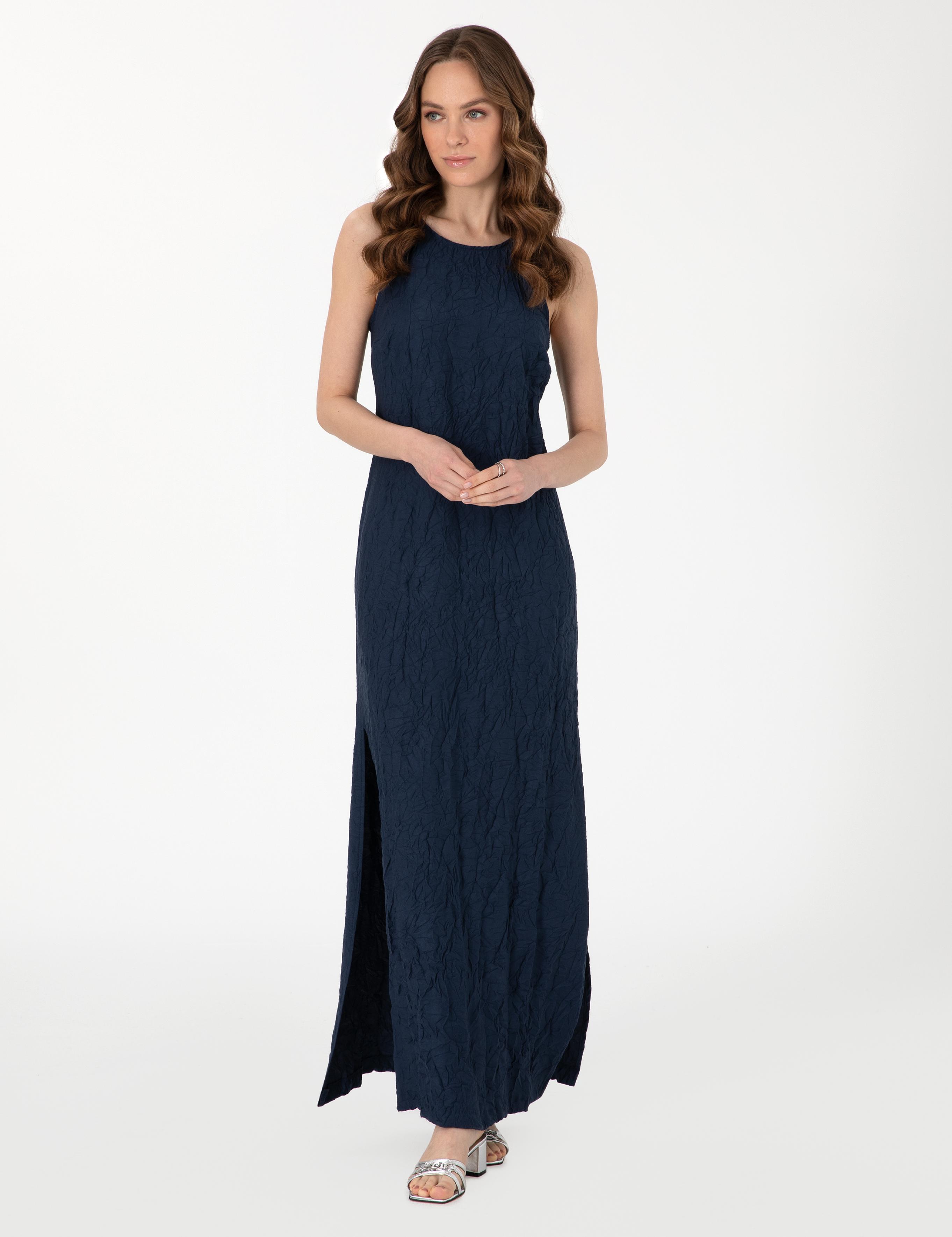 Lacivert Regular Fit Dokuma Elbise