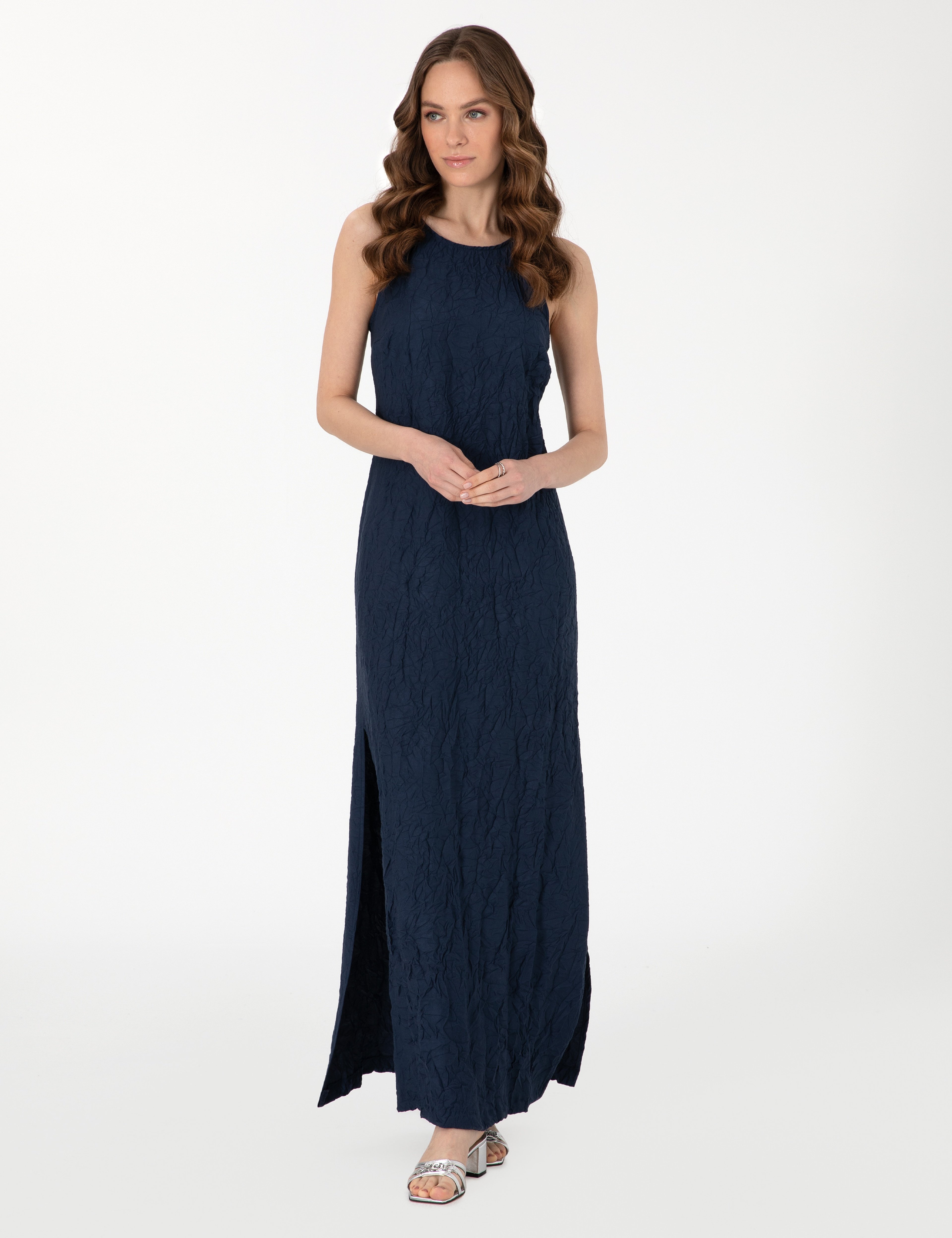 Lacivert Regular Fit Dokuma Elbise - Image 1