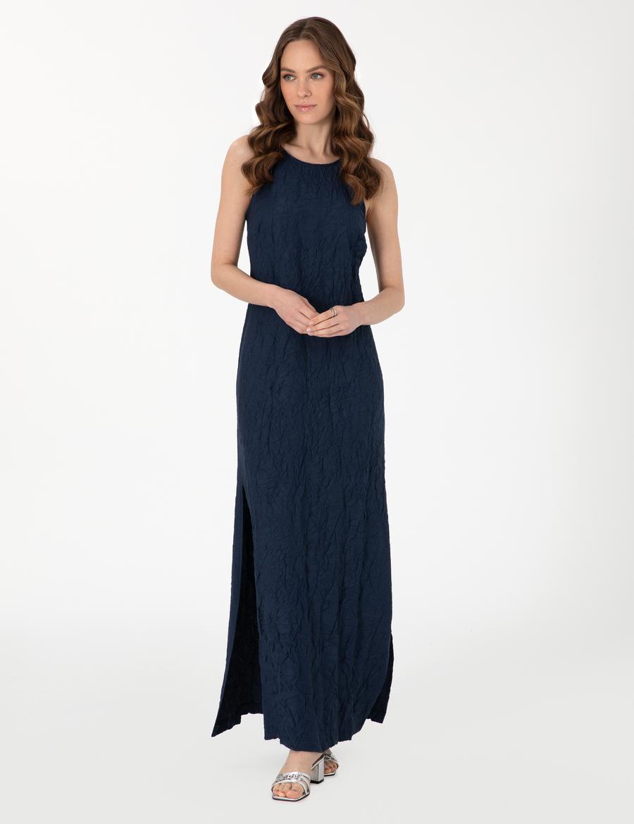 Lacivert Regular Fit Dokuma Elbise