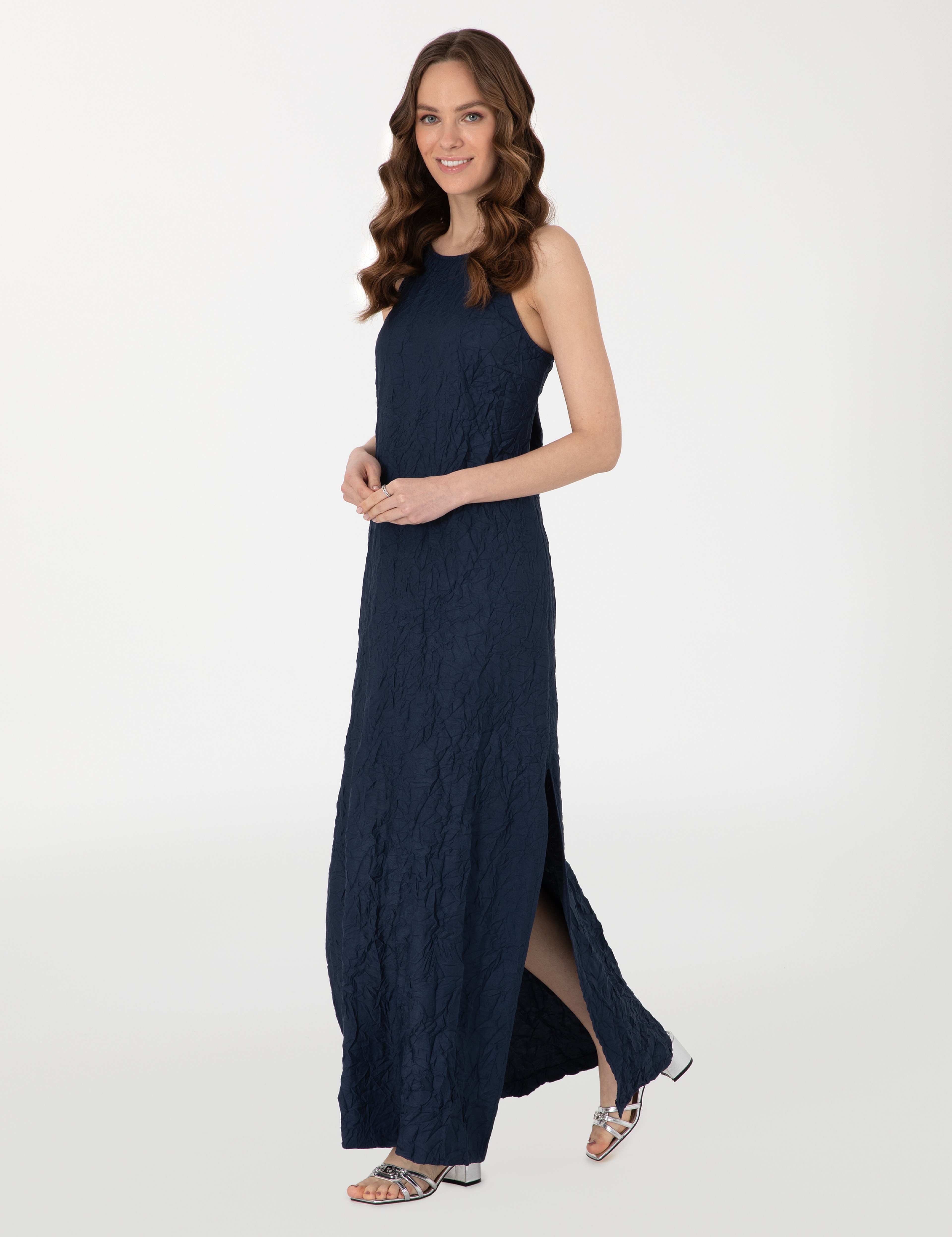 Lacivert Regular Fit Dokuma Elbise - Image 3