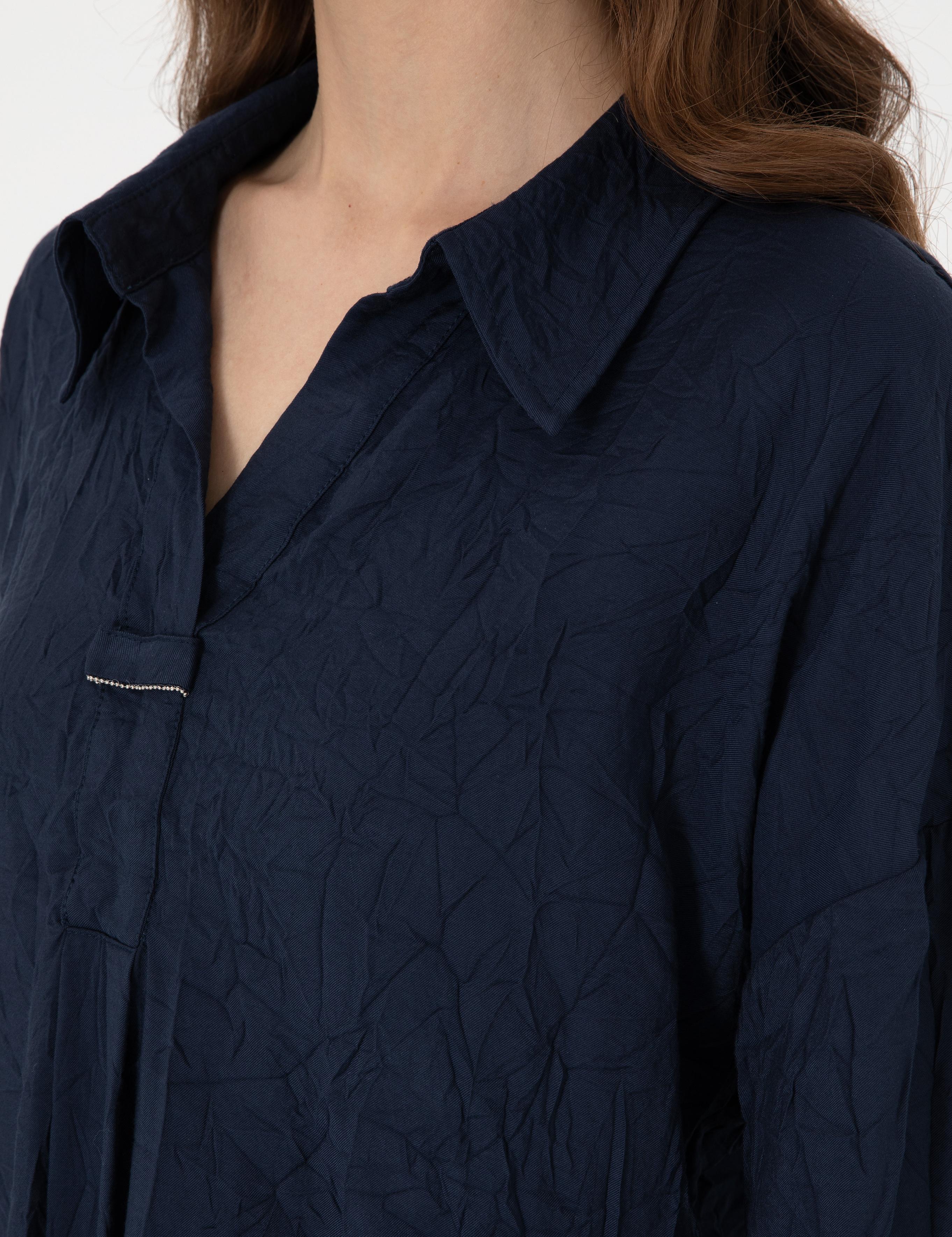 Lacivert Oversize Uzun Kollu Gömlek