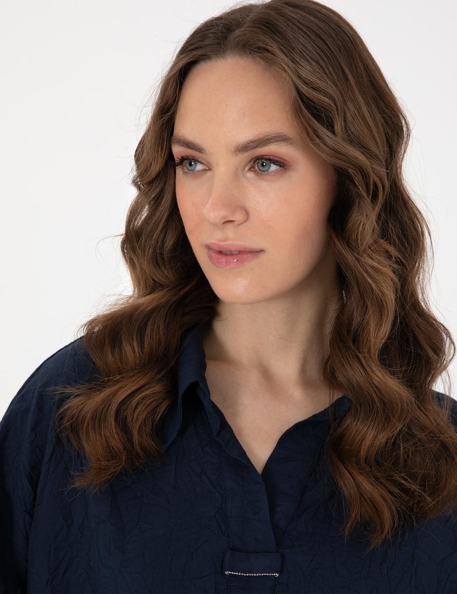 Lacivert Oversize Uzun Kollu Gömlek