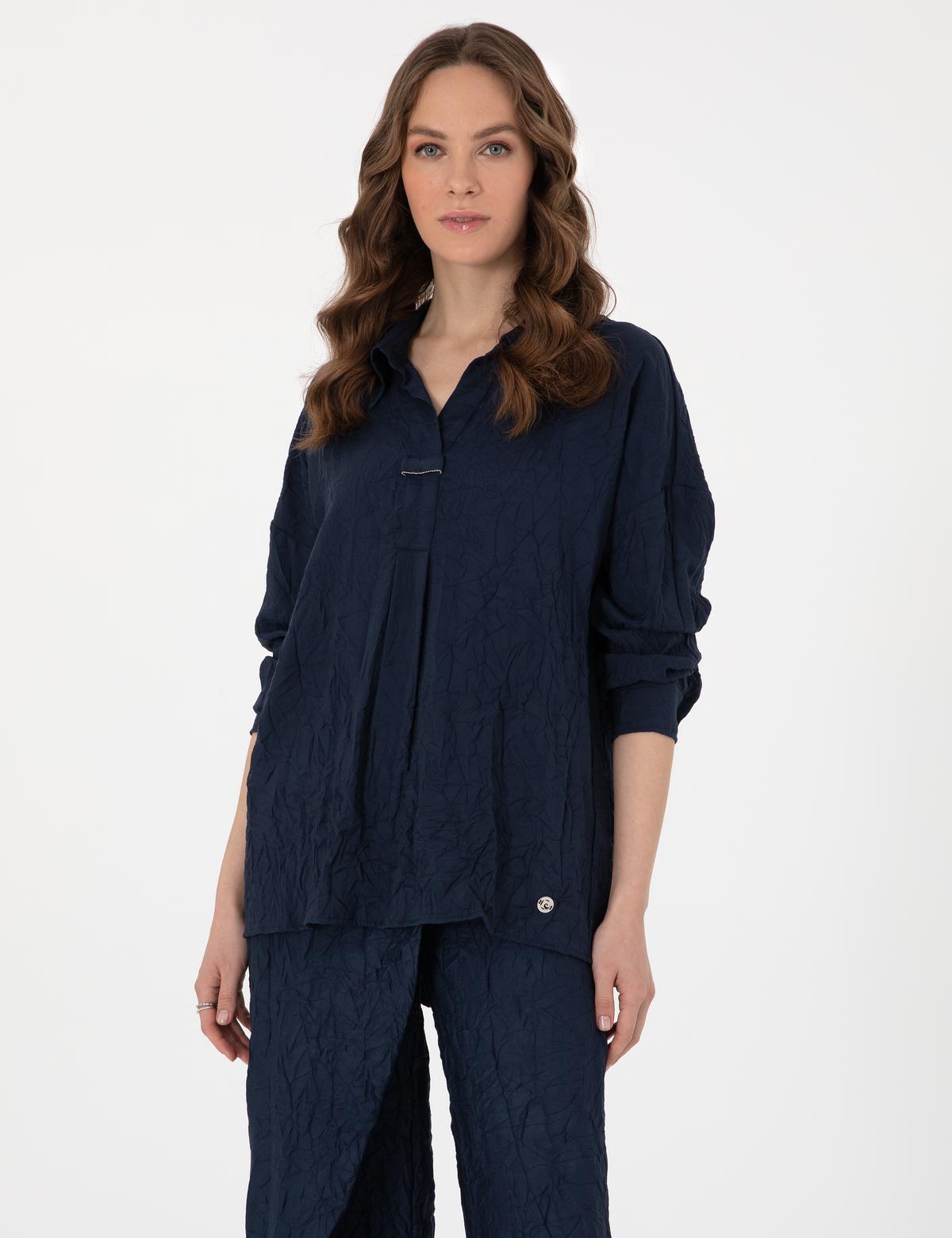 Lacivert Oversize Uzun Kollu Gömlek