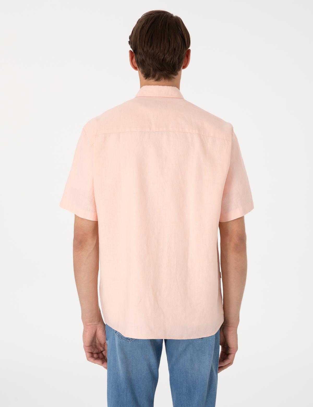 Pudra Comfort Fit %100 Keten Kısa Kollu Gömlek - 50317354005