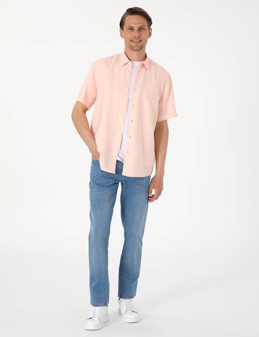 Pudra Comfort Fit %100 Keten Kısa Kollu Gömlek