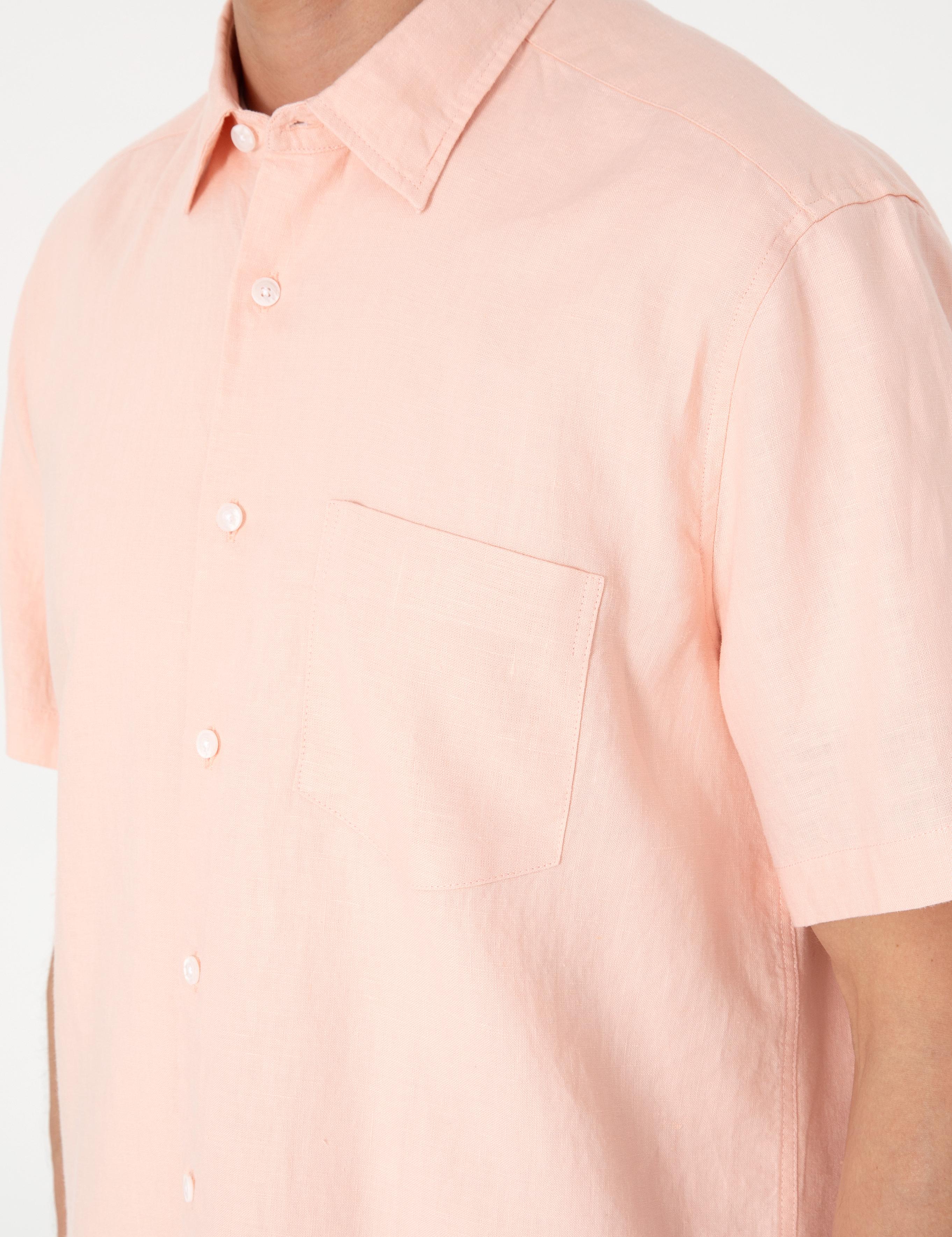 Pudra Comfort Fit %100 Keten Kısa Kollu Gömlek