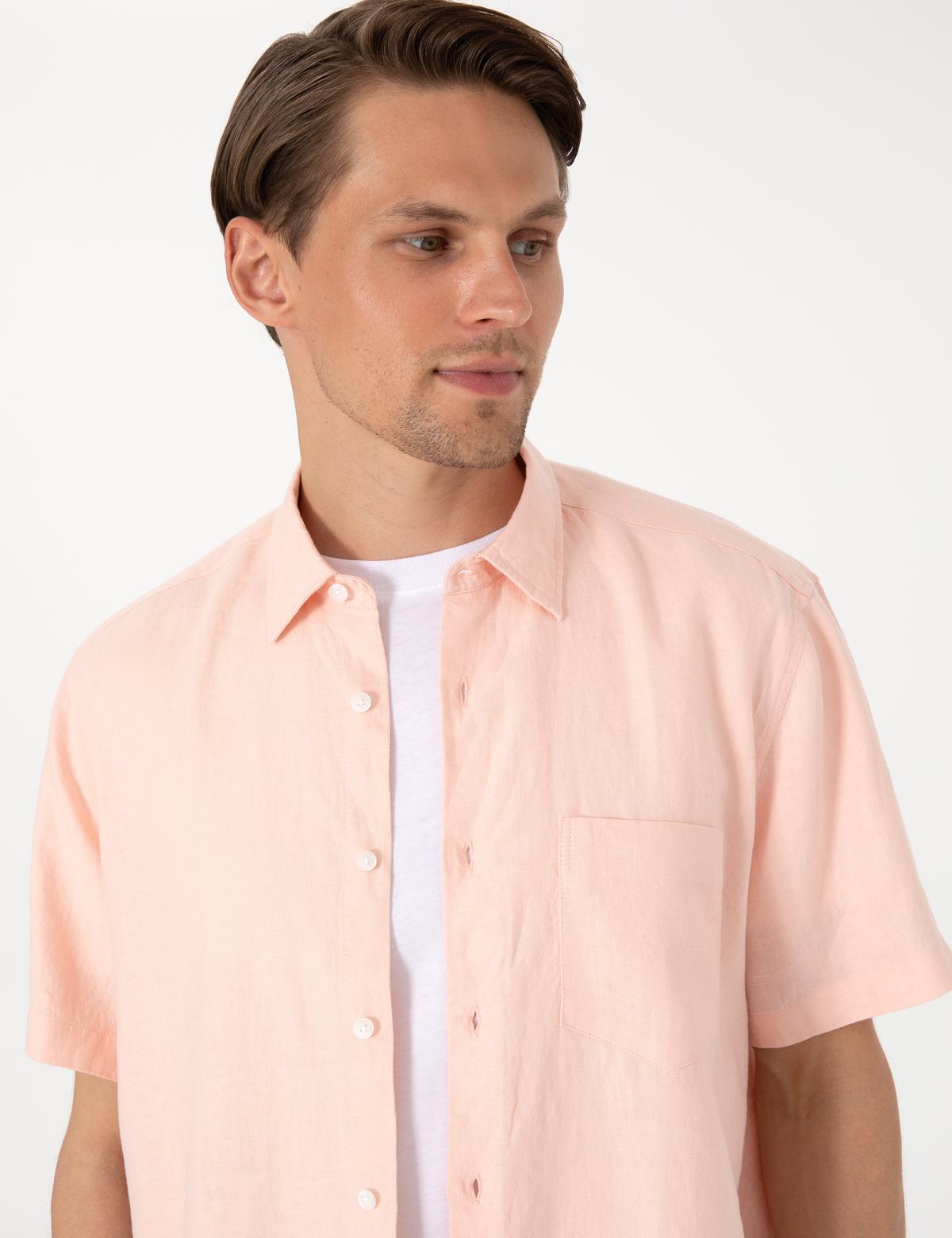Pudra Comfort Fit %100 Keten Kısa Kollu Gömlek - 50317354005