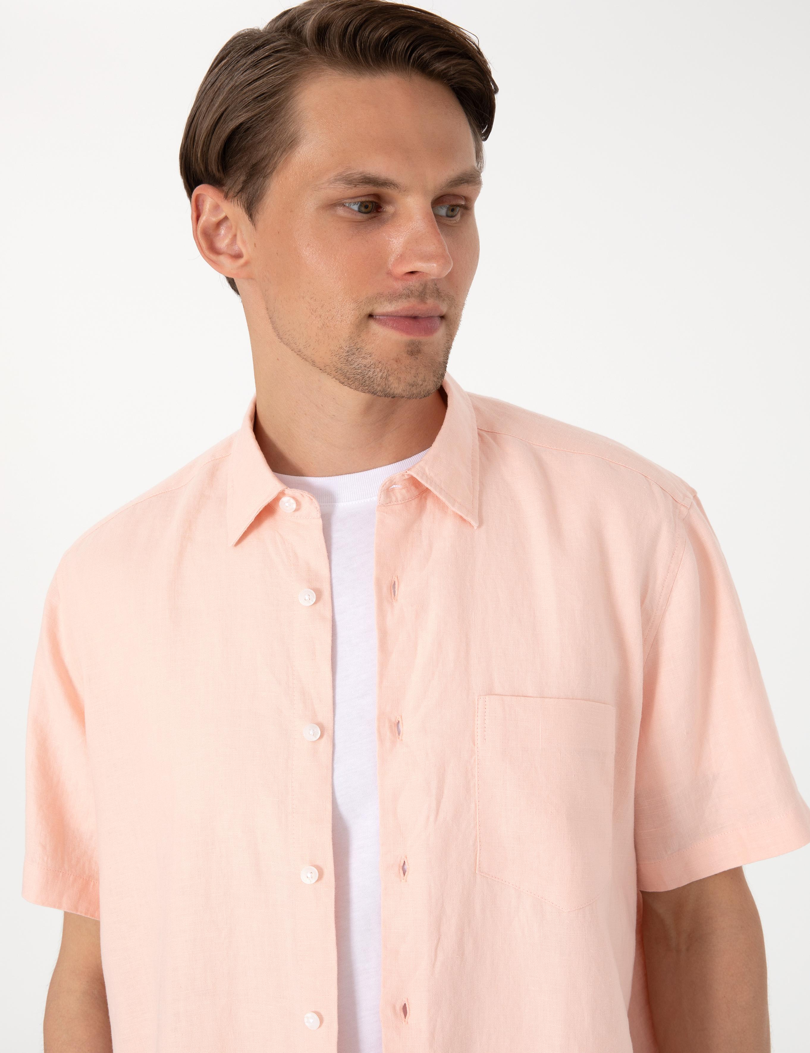 Pudra Comfort Fit %100 Keten Kısa Kollu Gömlek