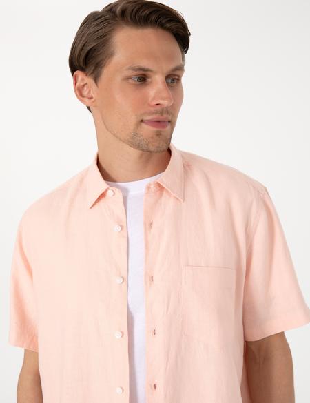 Pudra Comfort Fit %100 Keten Kısa Kollu Gömlek - 50317354005