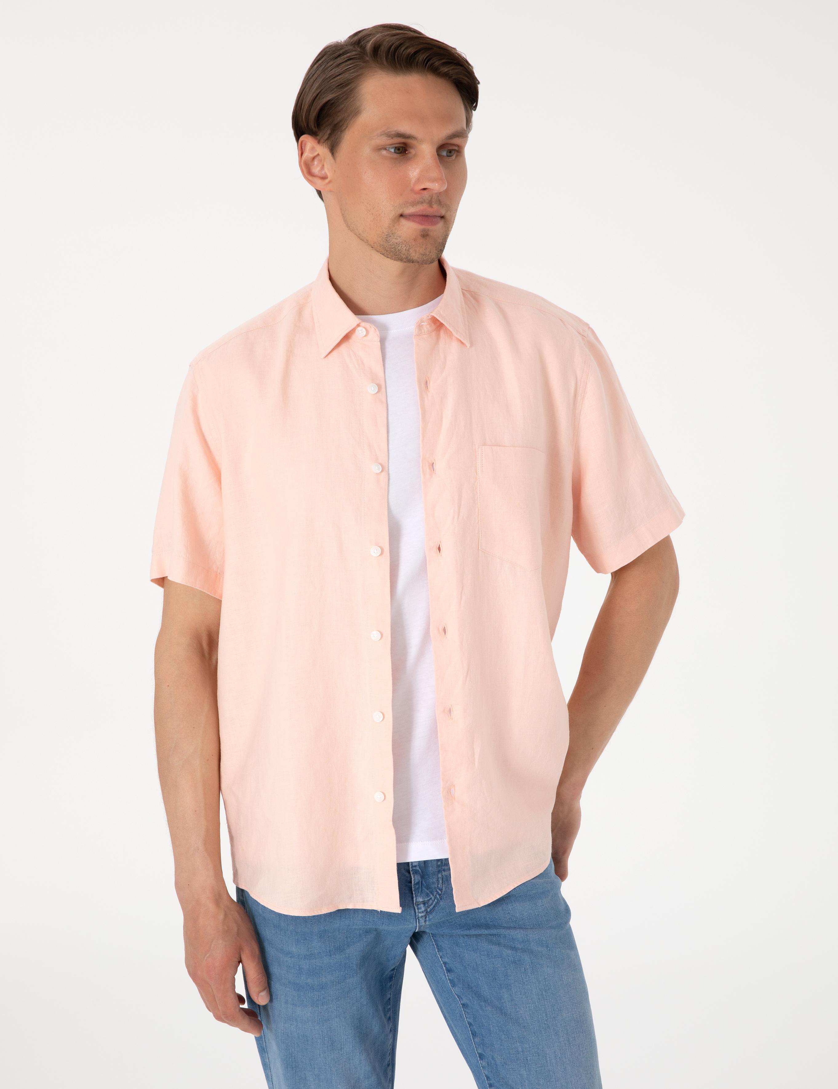 Pudra Comfort Fit %100 Keten Kısa Kollu Gömlek