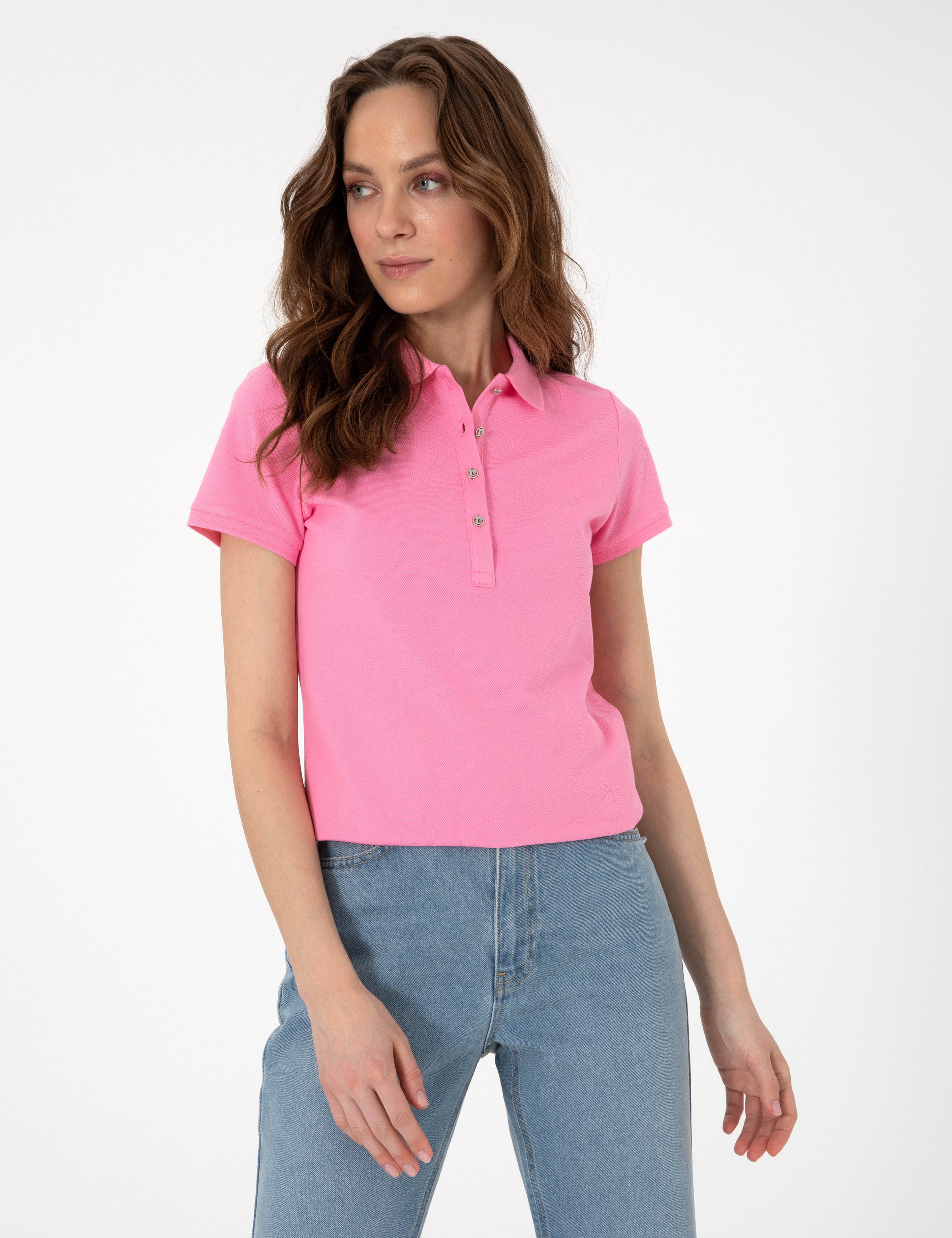 Pembe Slim Fit Pamuklu Polo Yaka Basic Tişört