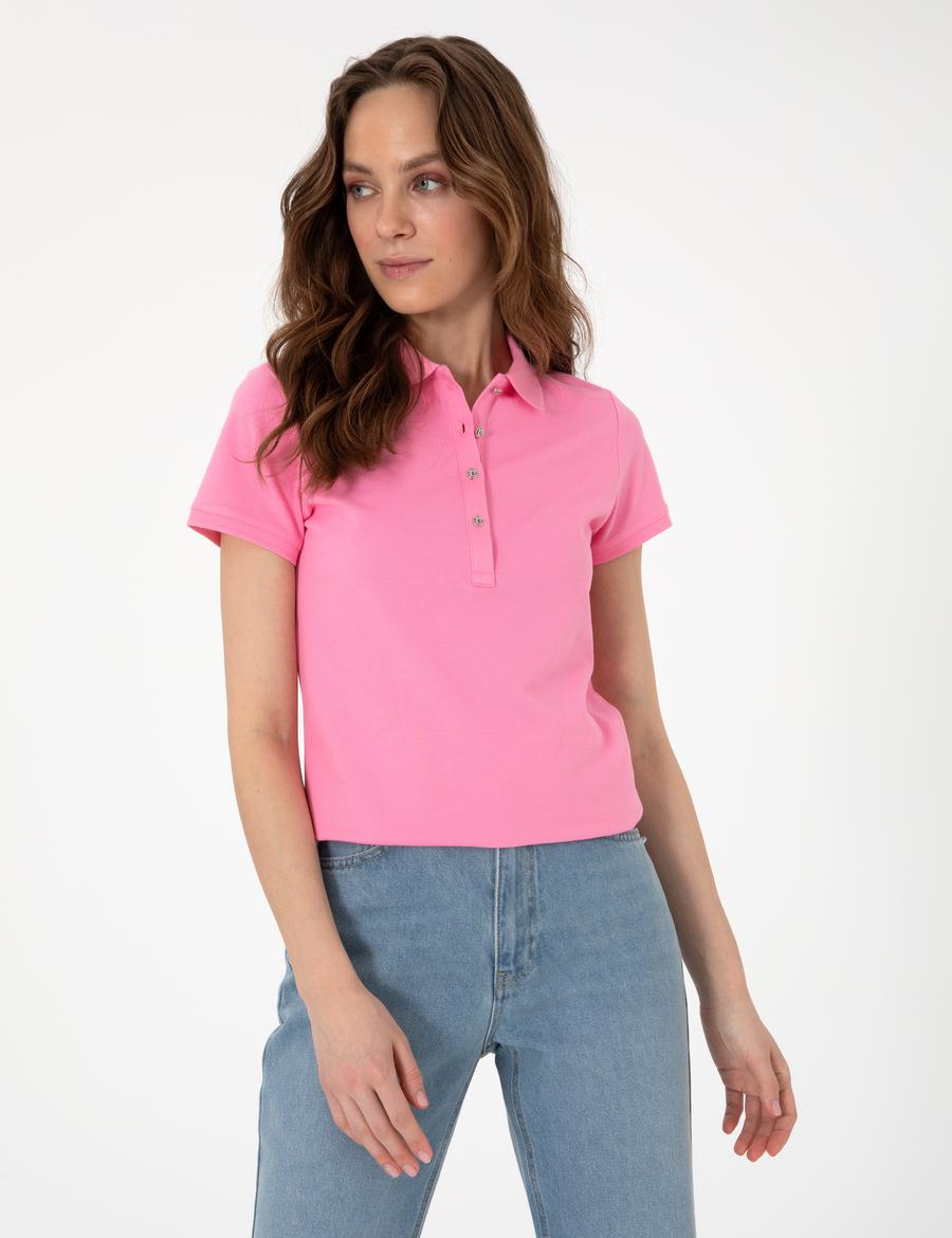 Pembe Regular Fit Pamuklu Polo Yaka Basic Tişört