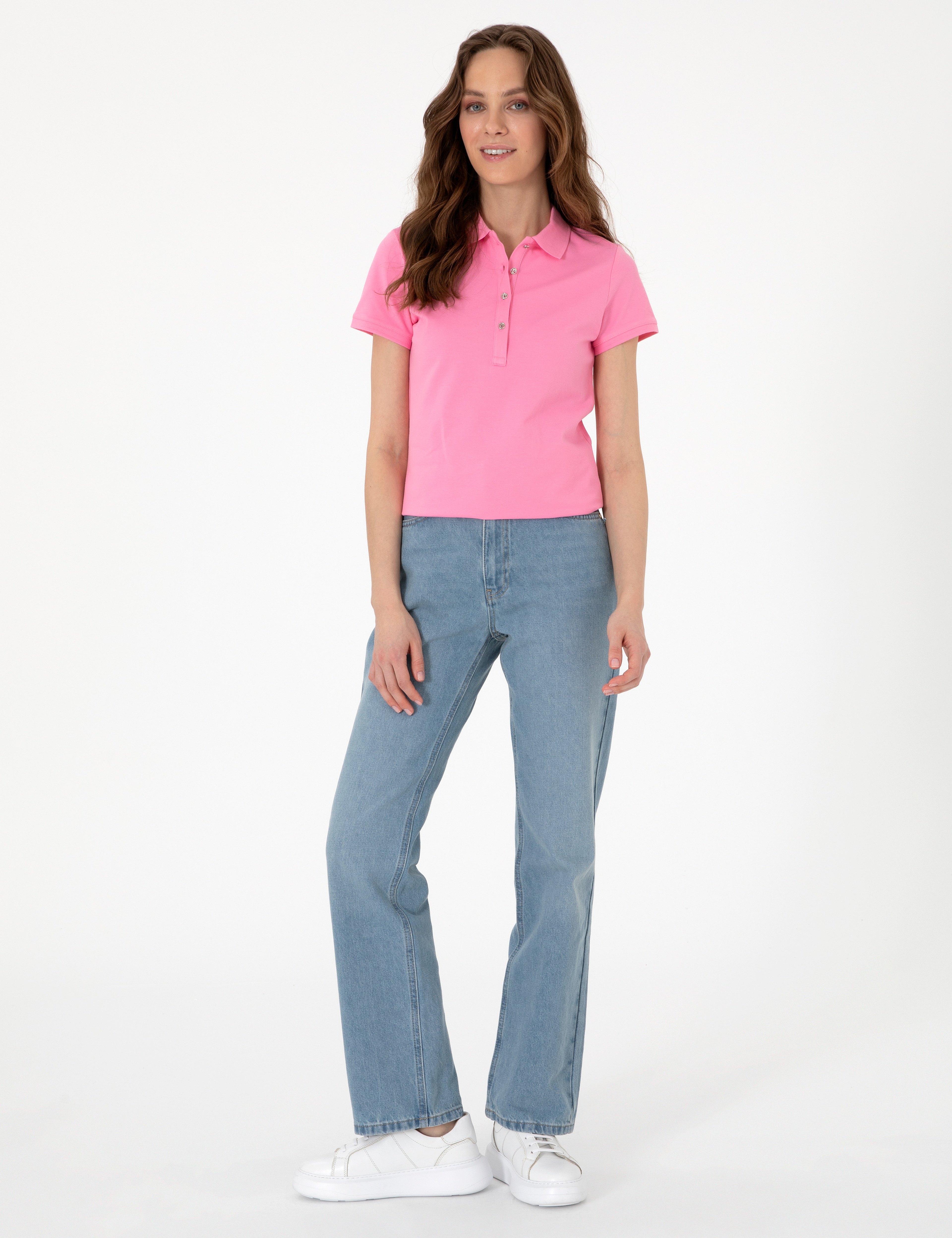 Pembe Slim Fit Pamuklu Polo Yaka Basic Tişört