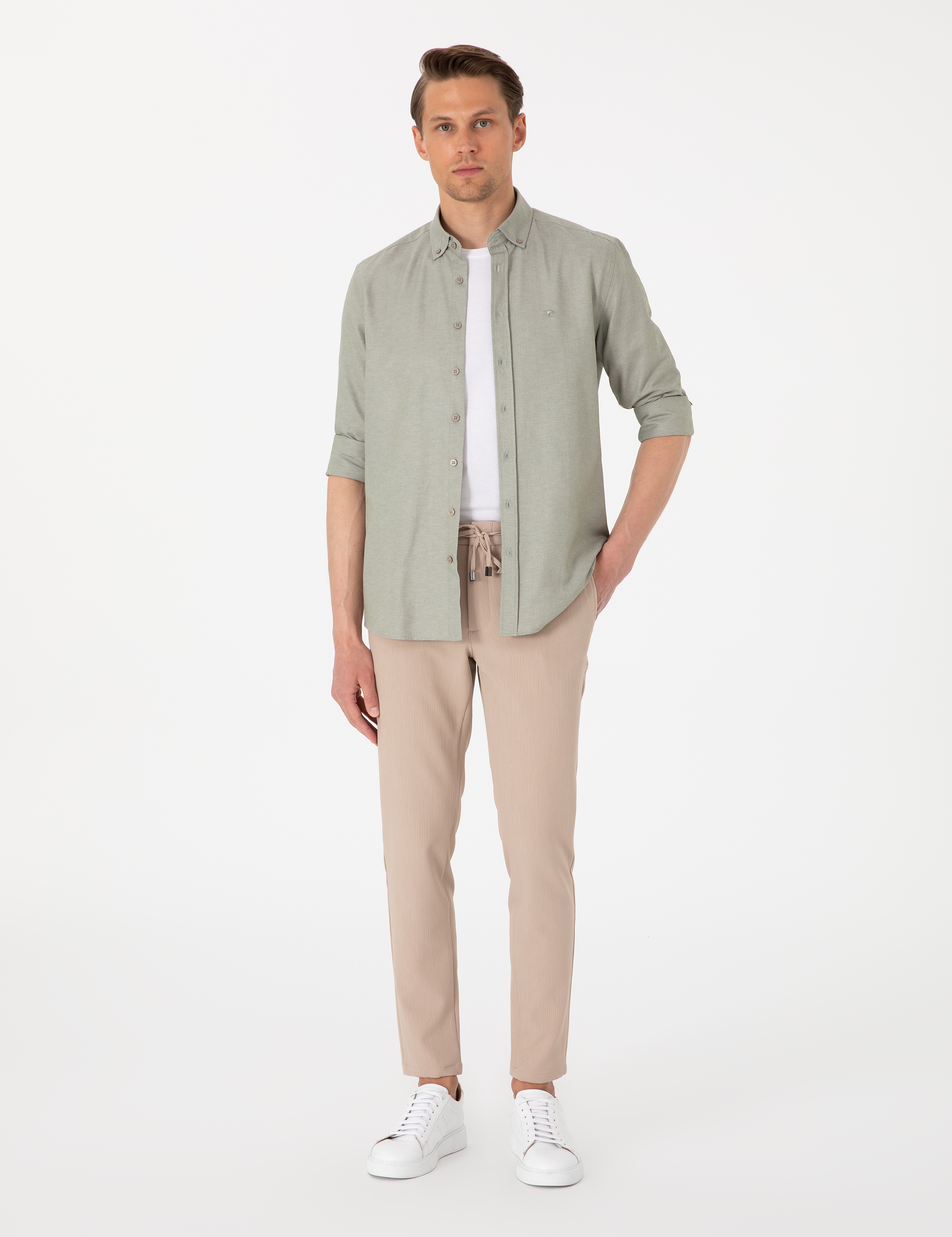 Haki Oxford Slim Fit Kolay Ütülenebilir Gömlek - Image 4