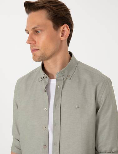 Haki Oxford Slim Fit Kolay Ütülenebilir Gömlek
