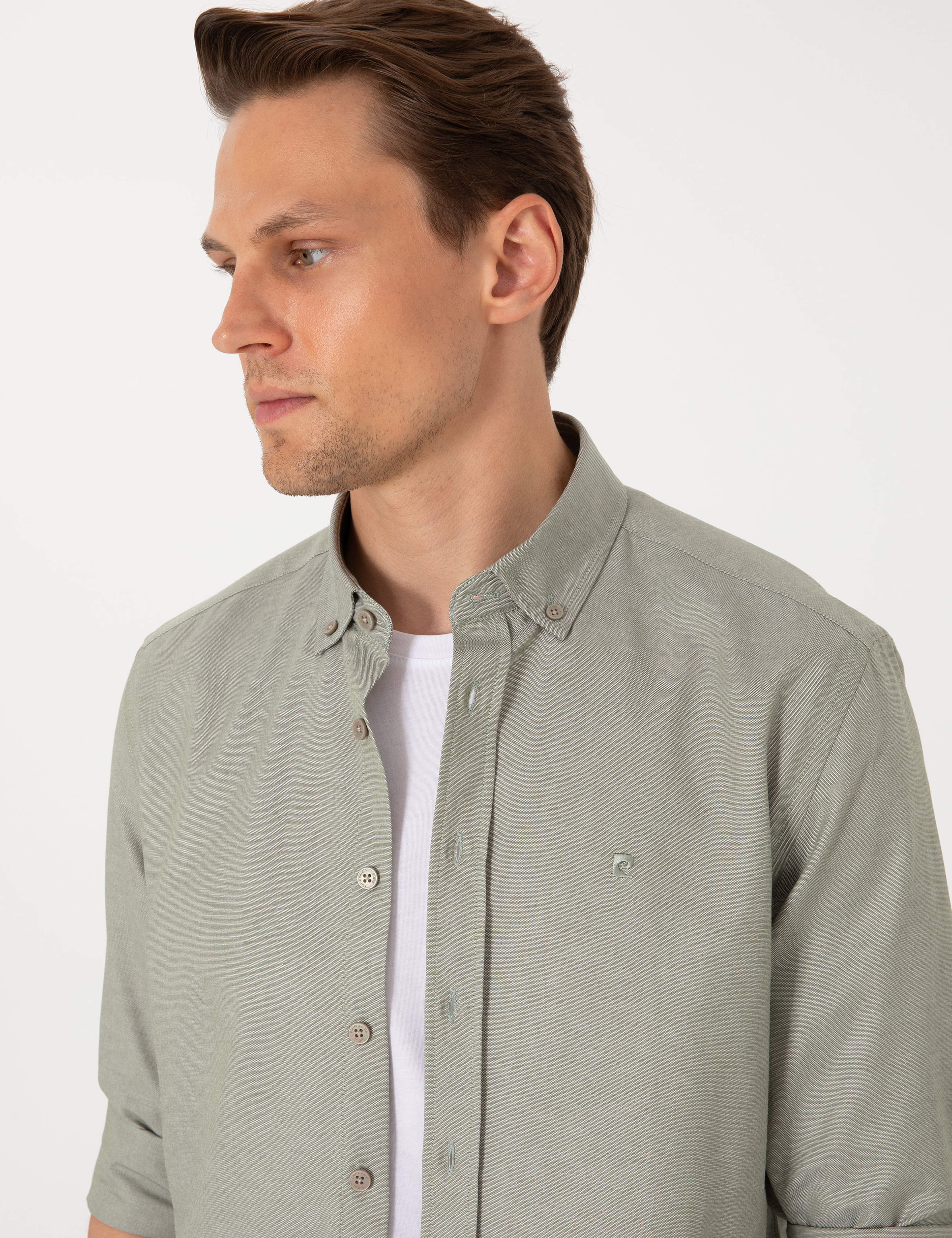Haki Oxford Slim Fit Kolay Ütülenebilir Gömlek - Image 2