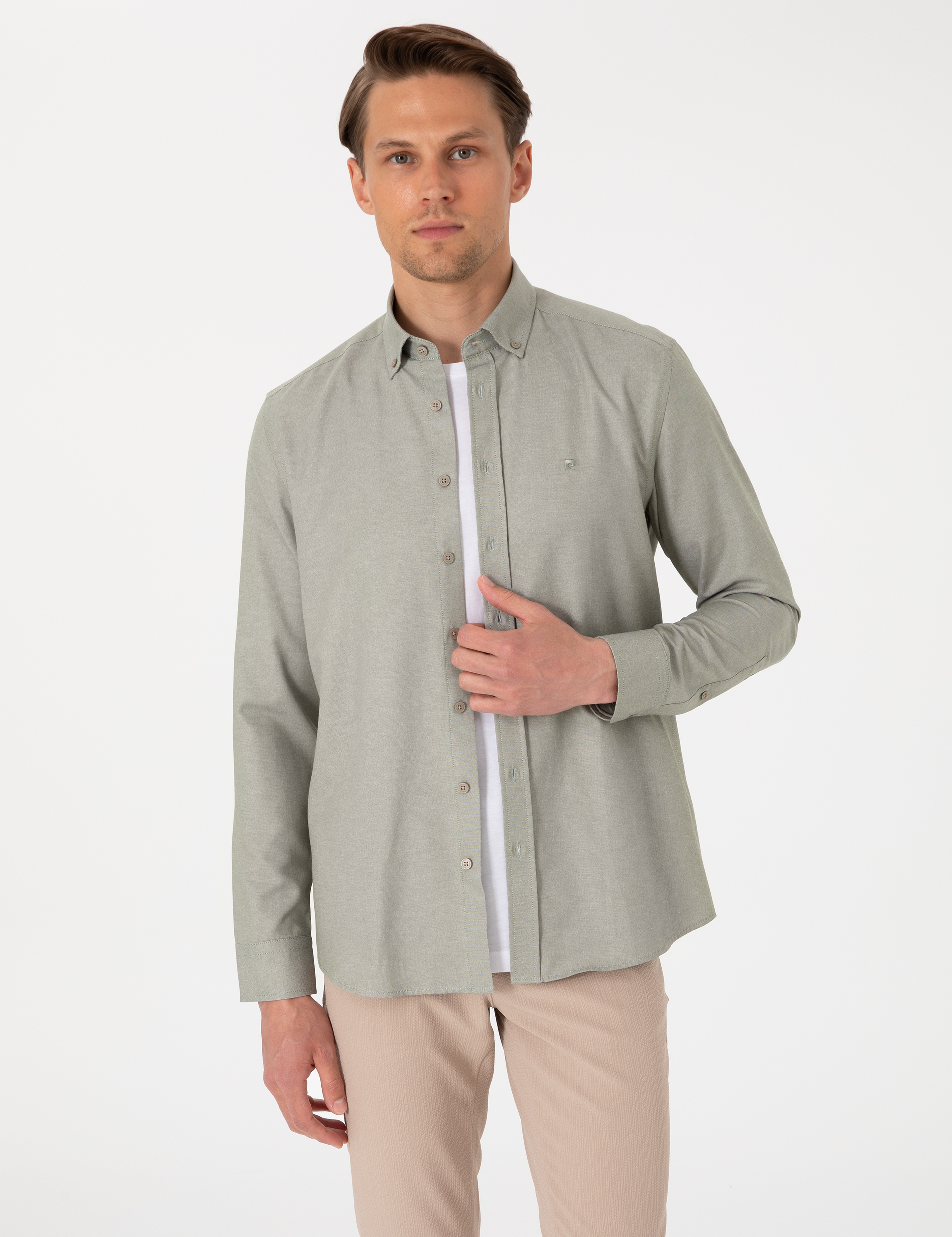 Haki Oxford Slim Fit Kolay Ütülenebilir Gömlek - Image 3