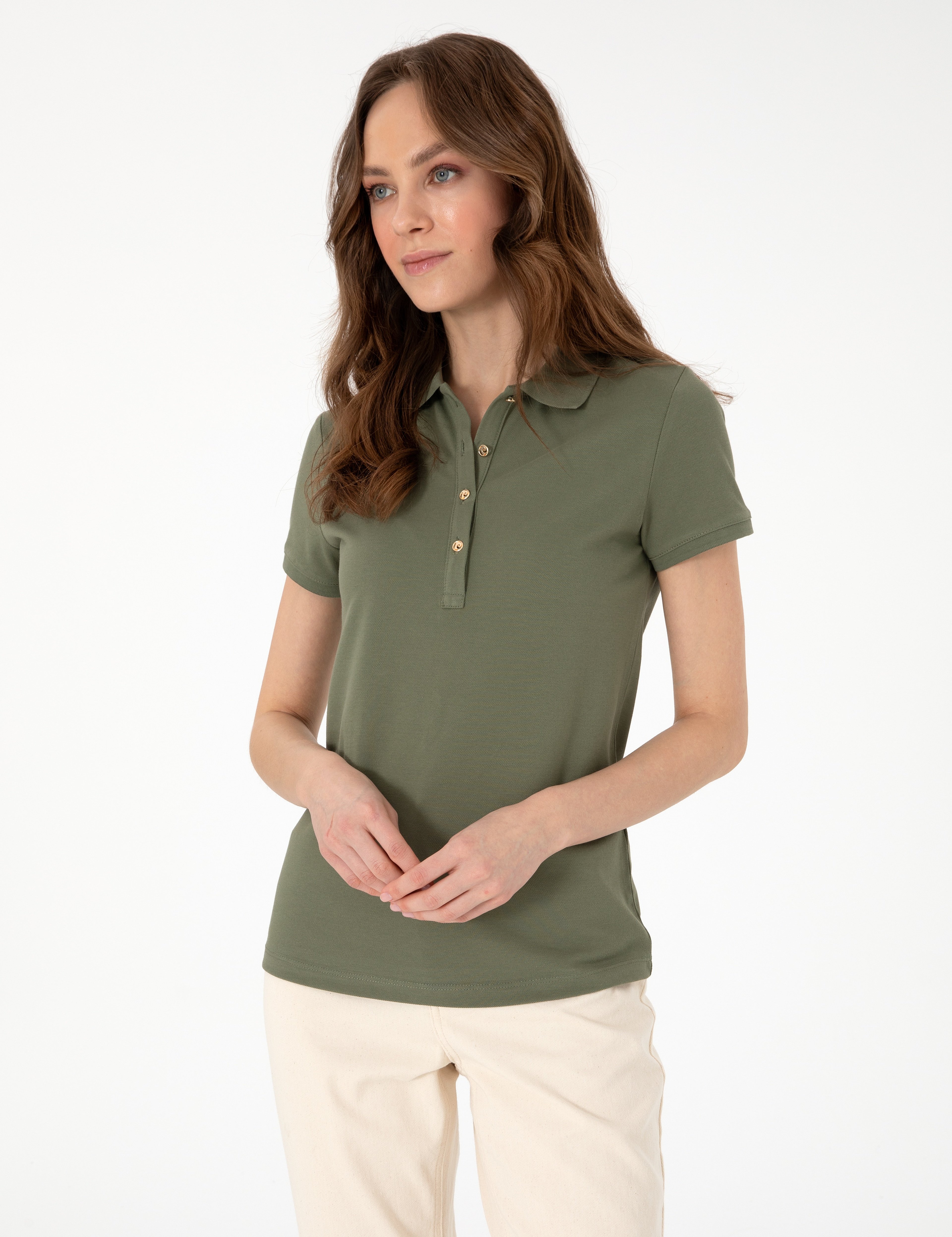 Haki Slim Fit Pamuklu Polo Yaka Basic Tişört - Image 1