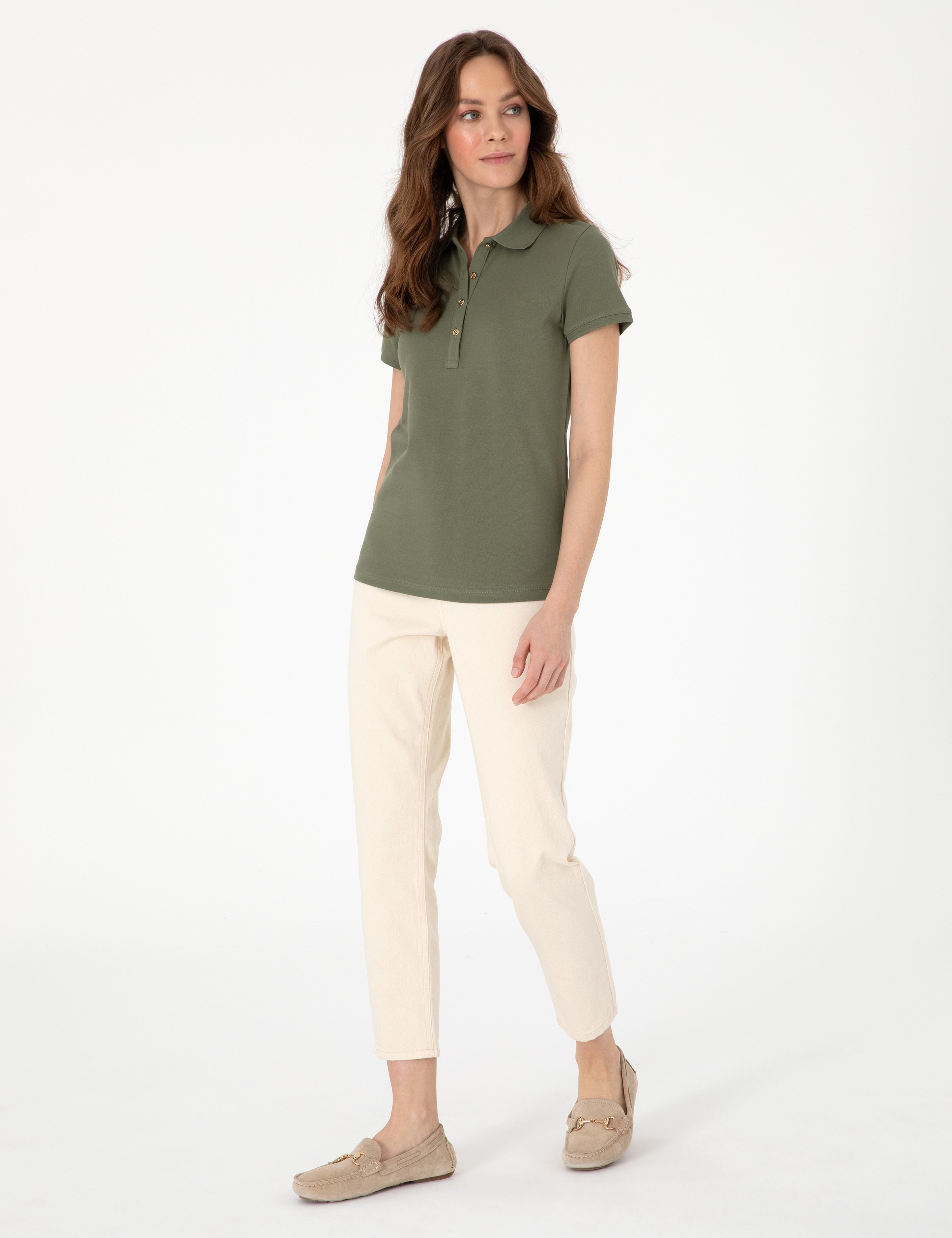 Haki Slim Fit Pamuklu Polo Yaka Basic Tişört - Image 4