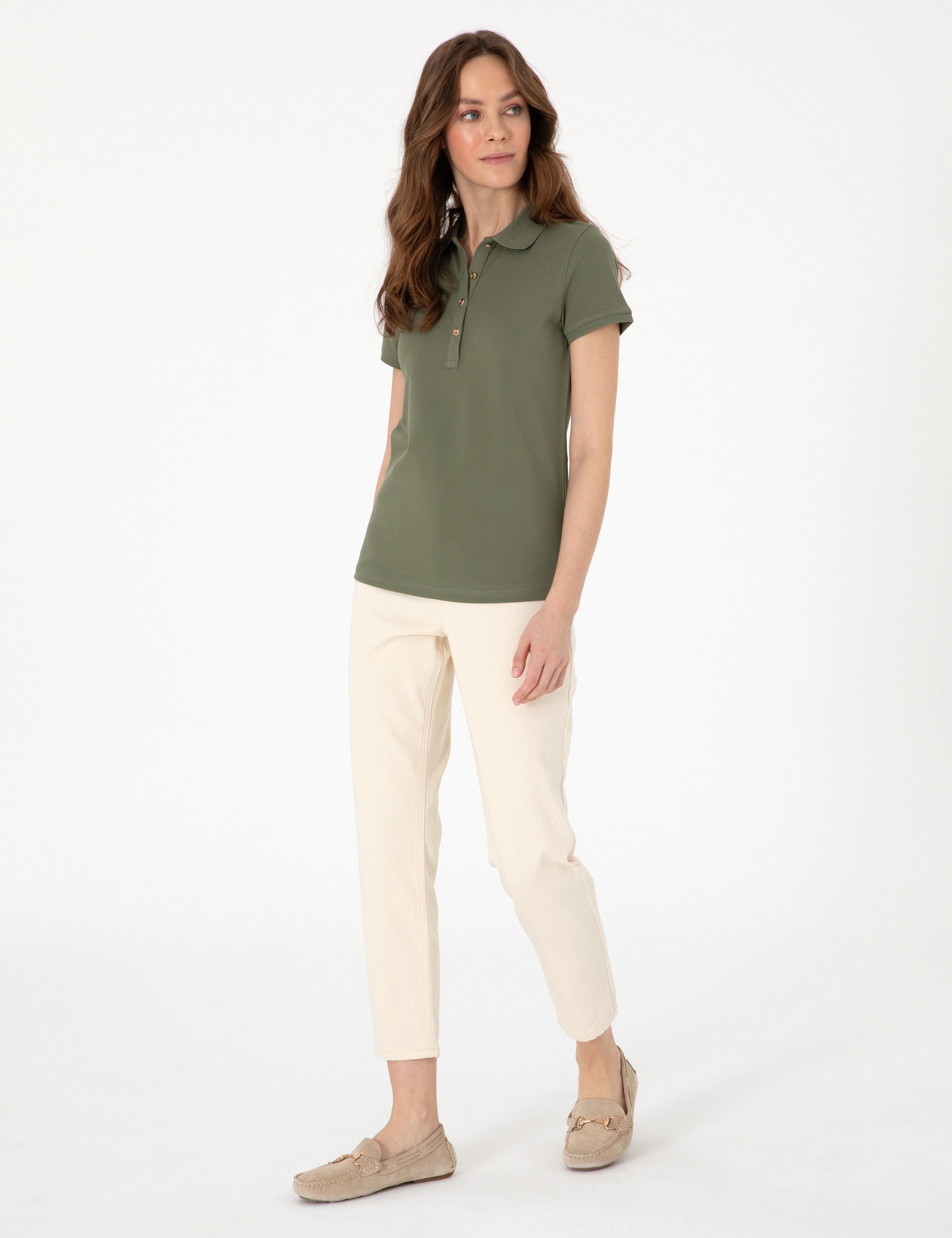 Haki Slim Fit Pamuklu Polo Yaka Basic Tişört