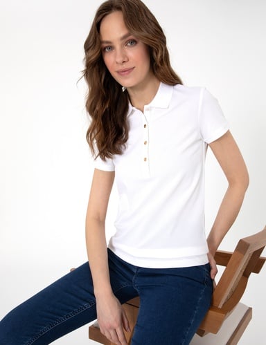 Beyaz Slim Fit Pamuklu Polo Yaka Basic Tişört
