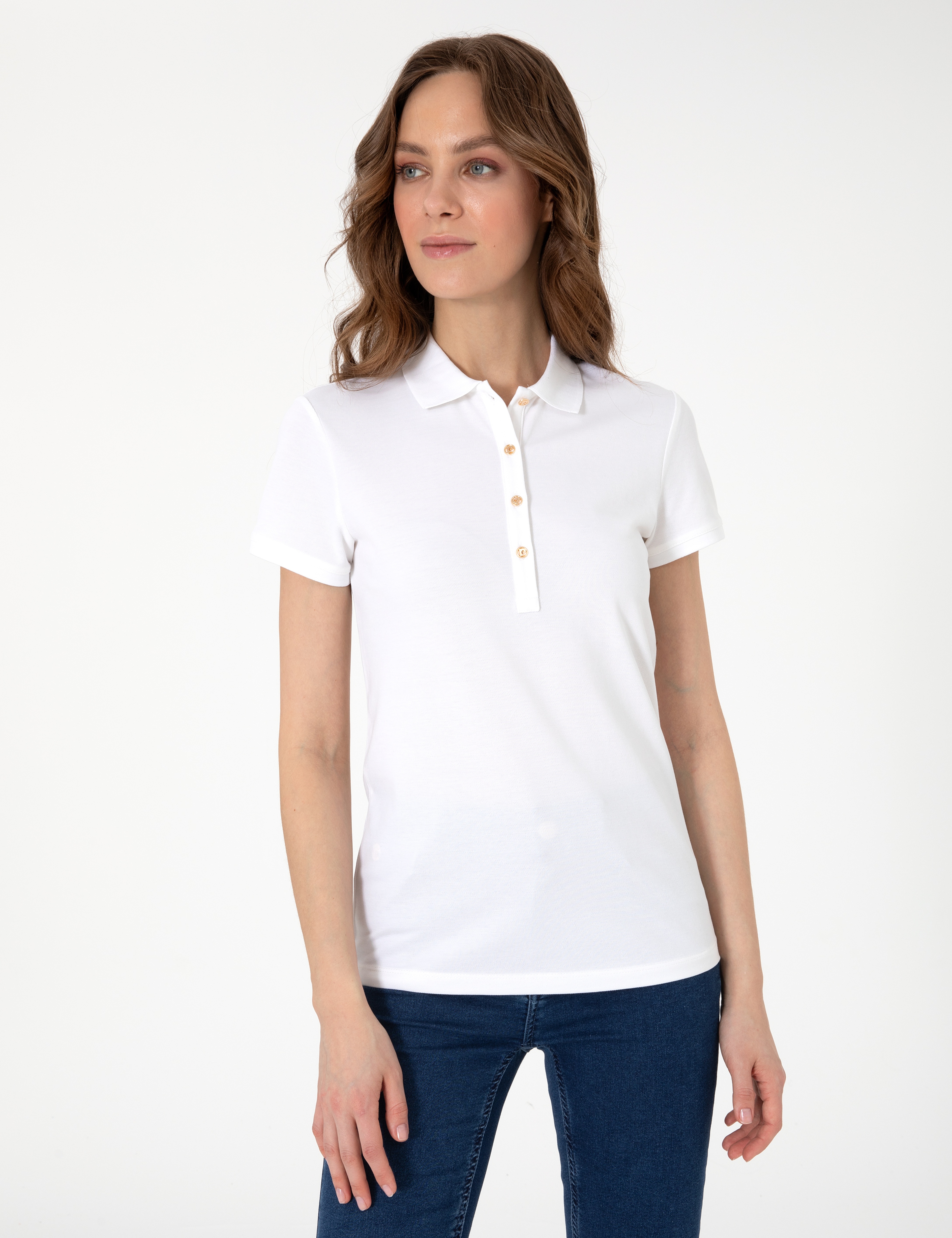 Beyaz Slim Fit Pamuklu Polo Yaka Basic Tişört - Image 3