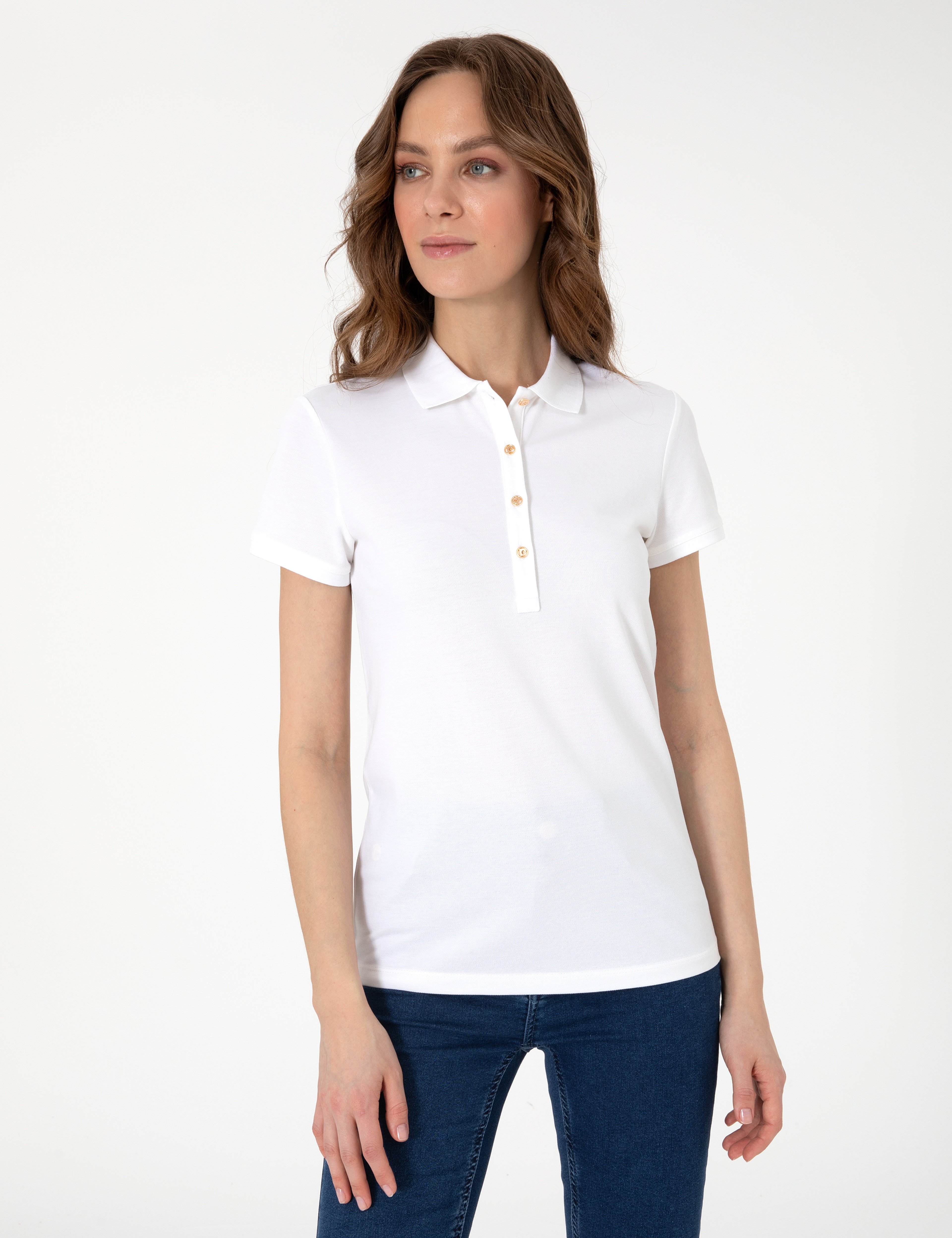 Beyaz Slim Fit Pamuklu Polo Yaka Basic Tişört