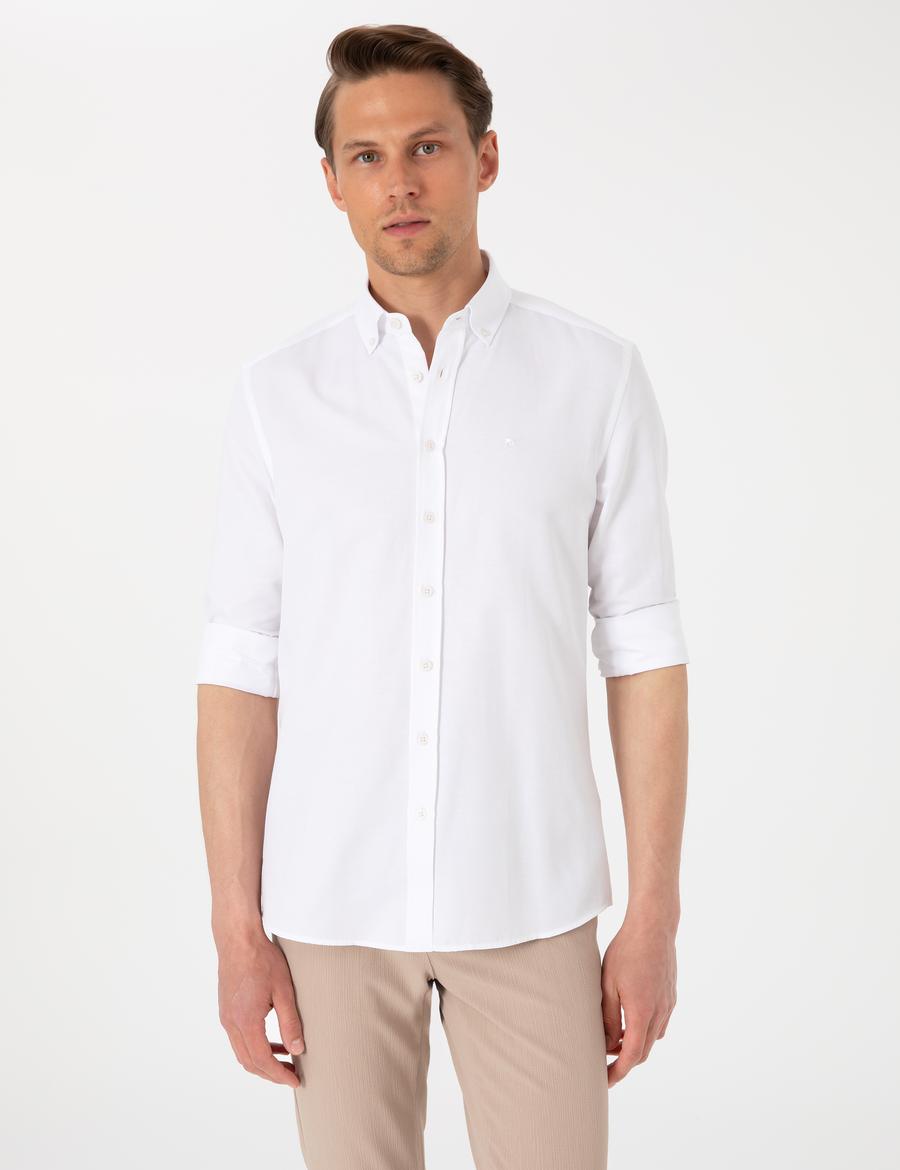 Beyaz Oxford Slim Fit Kolay Ütülenebilir Gömlek