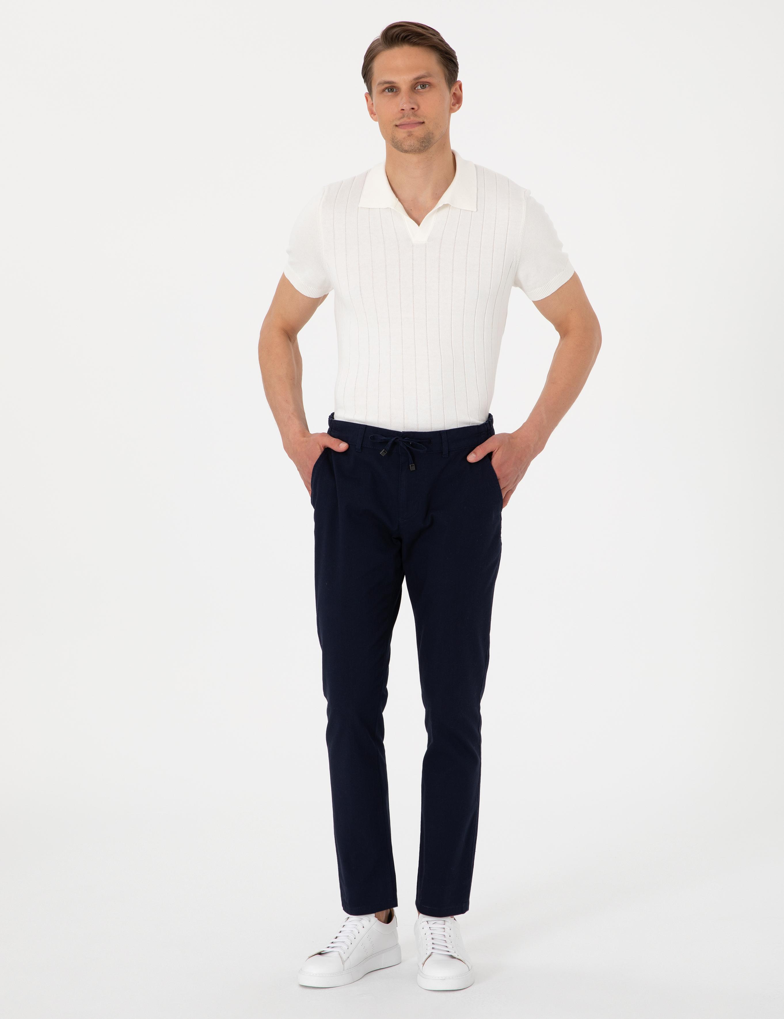 Lacivert Slim Fit Keten Görünümlü Kanvas Pantolon