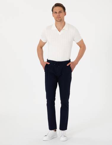 Lacivert Slim Fit Keten Görünümlü Kanvas Pantolon